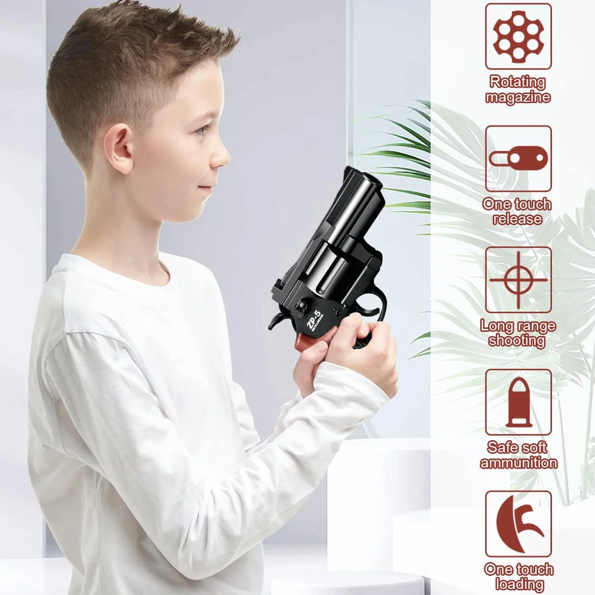 Revolver Giocattolo,Revolver per Bambini,Pistola Giocattolo,Con 24 Proiettili EVA,per Bambini 7 anni + il gioco all'interno e all'aperto,Regali per bambini (Marrone)
