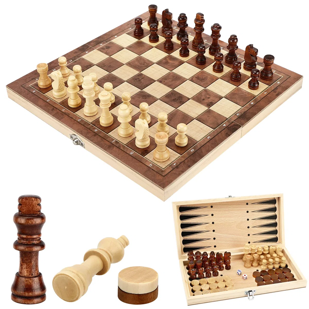 Scacchiera in Legno, 3 in 1 Scacchi Dama Backgammon, Portatili e Pieghevole Scacchiere, Scacchi da Viaggio per Adulti Bambini All'aperto Festa - 29x29cm