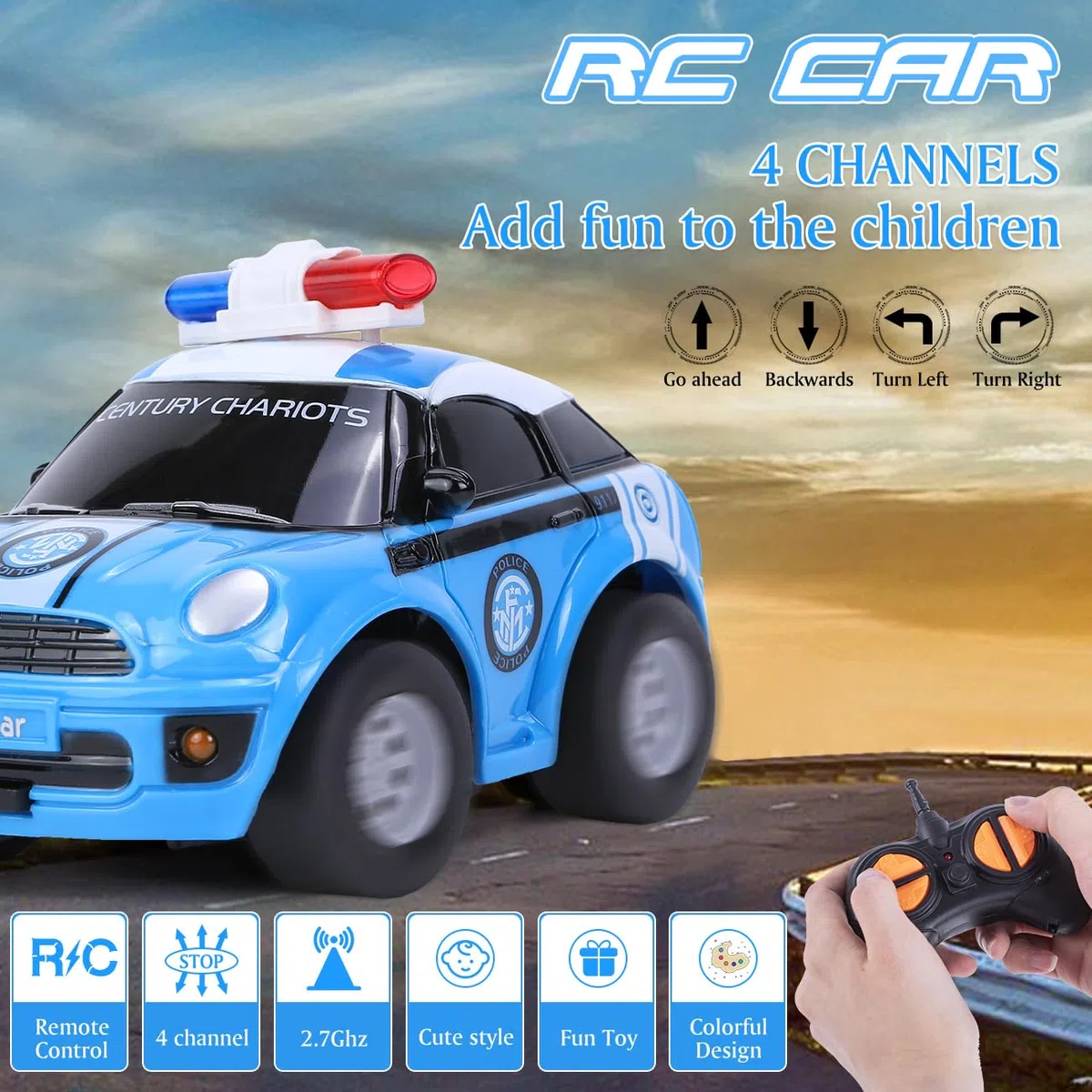 Highttoy Macchina Telecomandata per Bambini, Macchina Polizia Giocattolo Bambini 2 3 4 Anni, 2.4GHz Piccola Auto Radiocomandata Bambino, Azzurro