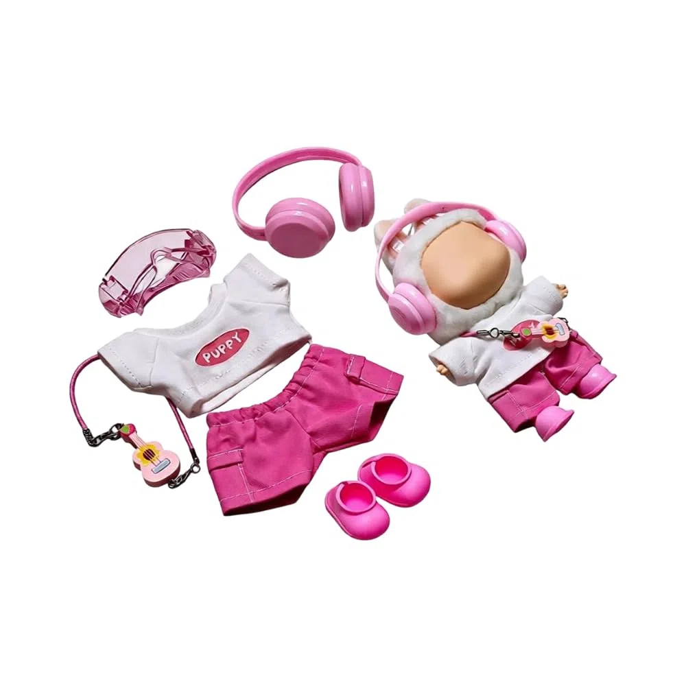 Vestiti per bambole Labubu Outfits 17 cm panno bambola e accessori con camicia, pantaloni, occhiali, scarpe, cuffie e chitarra decorativa (bambole non incluse)