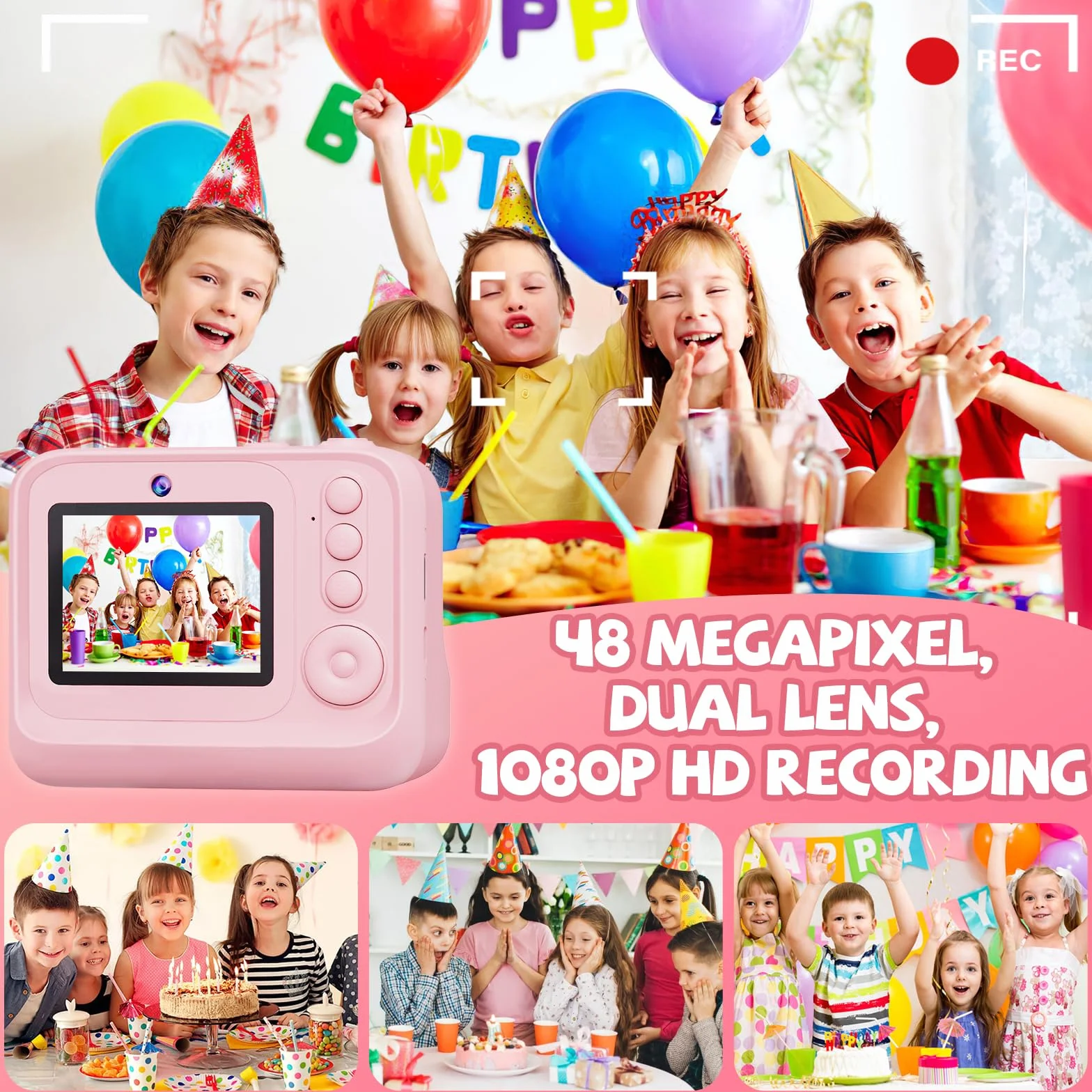 Fotocamera Istantanea per Bambini, Fotocamera Bambini HD 1080P con Schermo da 2,4 Pollici, Scheda da 32 GB e 3 Rotoli di Carta da Stampa, Ragazze e Ragazzi da 3 a 12 Anni (Rosa, carino)