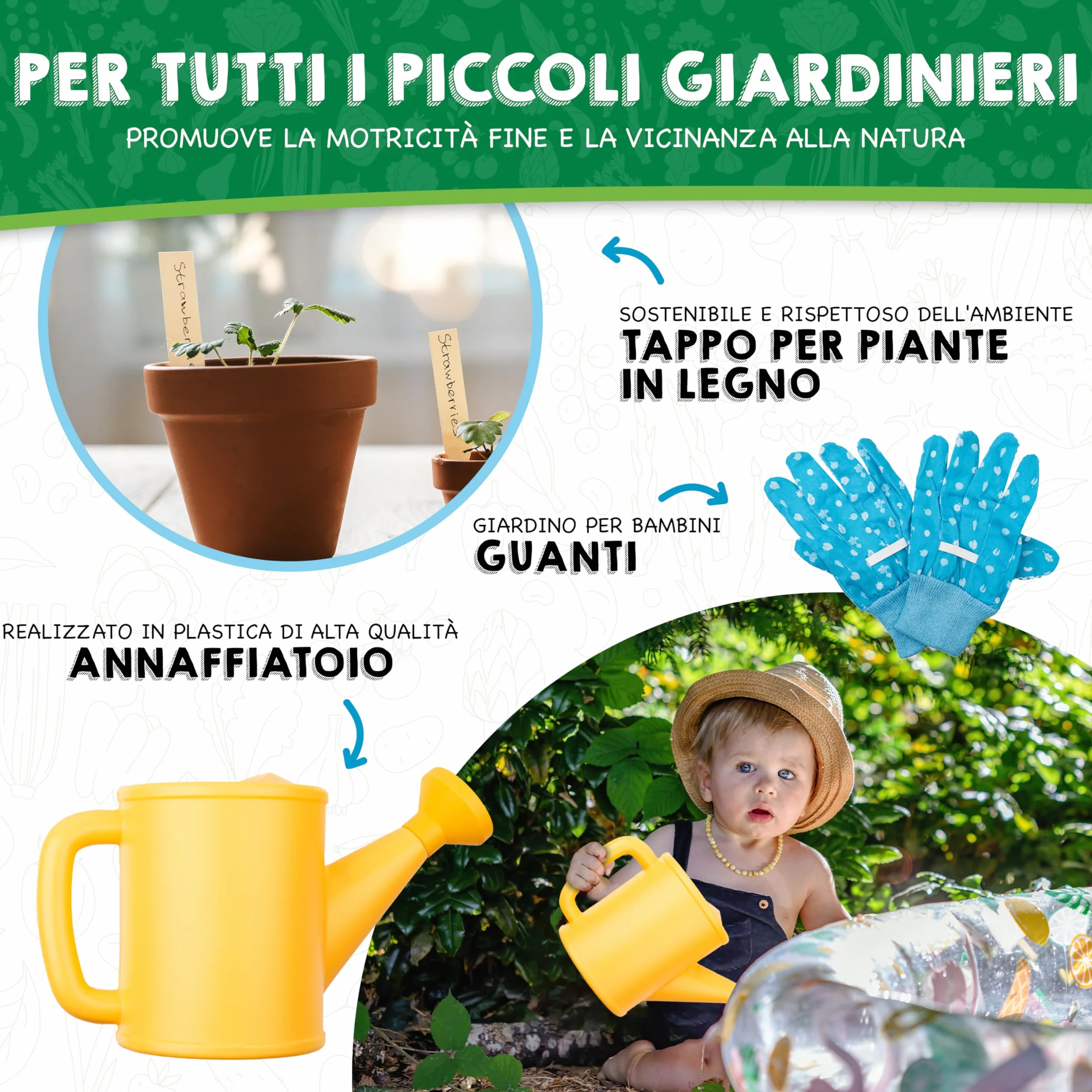 PHIBER-SPORTS Set di Attrezzi da Giardino per Bambini (11 Pezzi) - Attrezzi da Giardinaggio per Bambini dai 3 Anni in su - Strumenti in Metallo, annaffiatoio, Guanti da Giardinaggio, Borsa