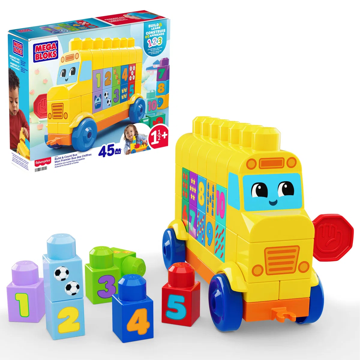 MEGA Bloks - Scuolabus Costruisci e Impara, Set con 45 Blocchi da Costruzione per Imparare i Numeri e a contare, scuolabus Giallo e Decorazioni Inclusi, 1+ Anni, JKG34