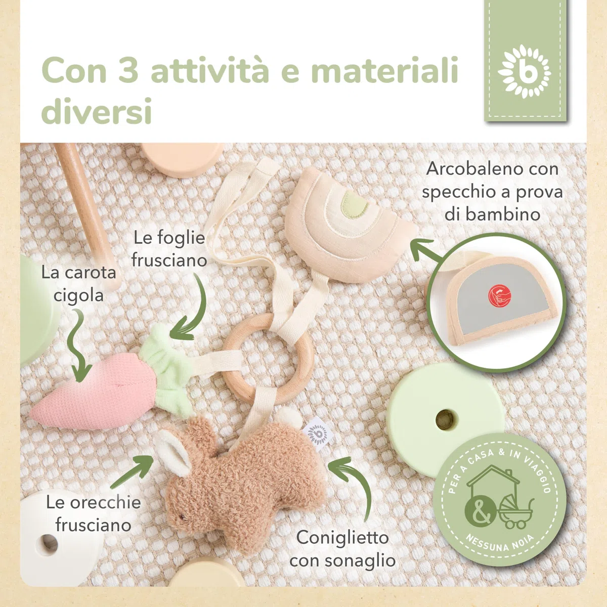 Bieco Activity giocattolo coniglietto fine | anello di presa in legno con sonaglio in peluche, elemento cigolio e pellicola scoppiettante | giocattolo per bambini a partire da 0 mesi