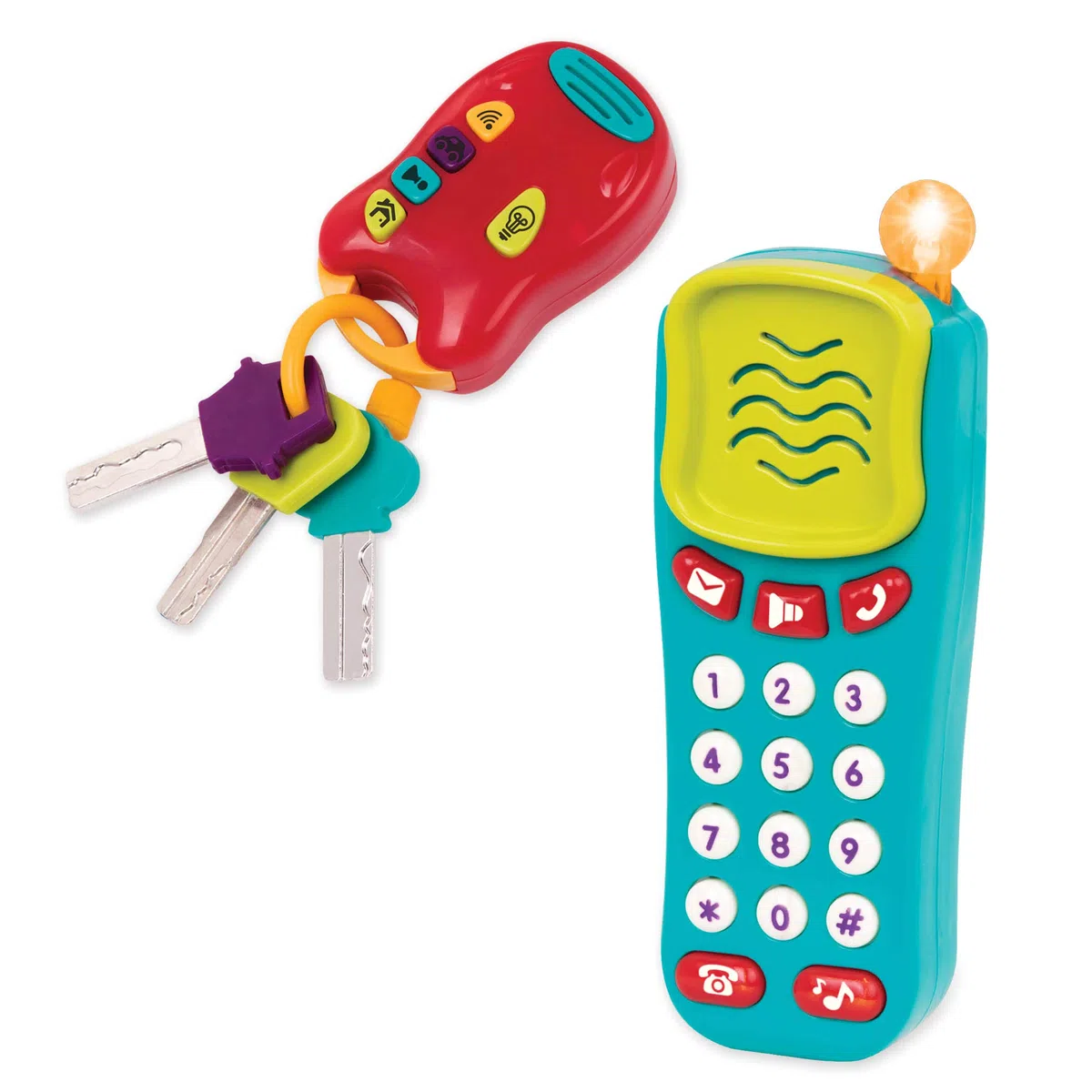 Battat - Telefono+ Tasti Luminosi e sonori - Giocattolo sensoriale - Chiavi dell'auto e Telefono Giocattolo - 18 Mesi +