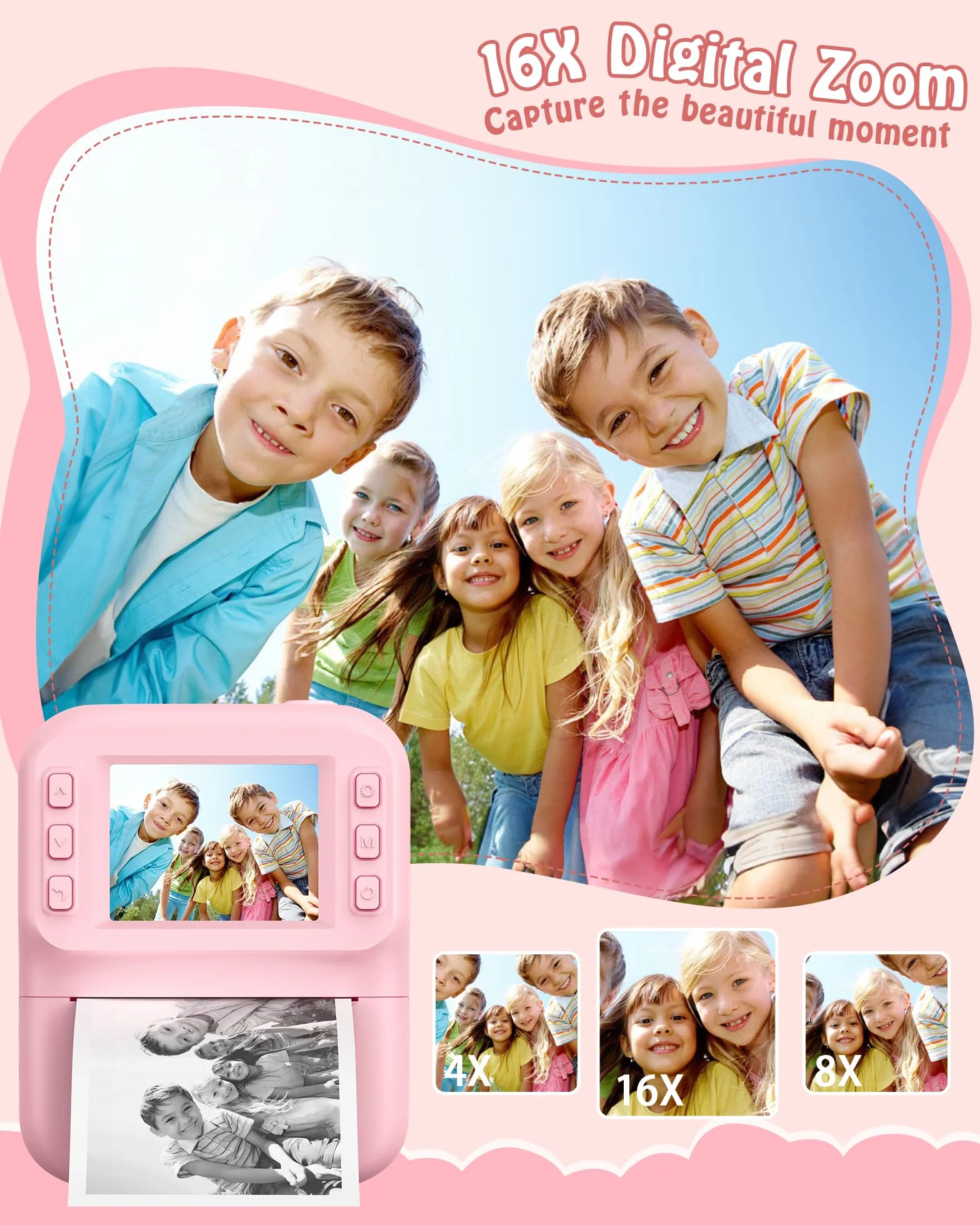 Macchina Fotografica Bambini, Schermo 2.4 HD Pollici e, Scheda da 32 GB e 3 Rotoli di Carta Fotografica, 1080P Macchina Fotografica Istantanea, Adatto Bambini dai 3 ai 12 Anni (Rosa)