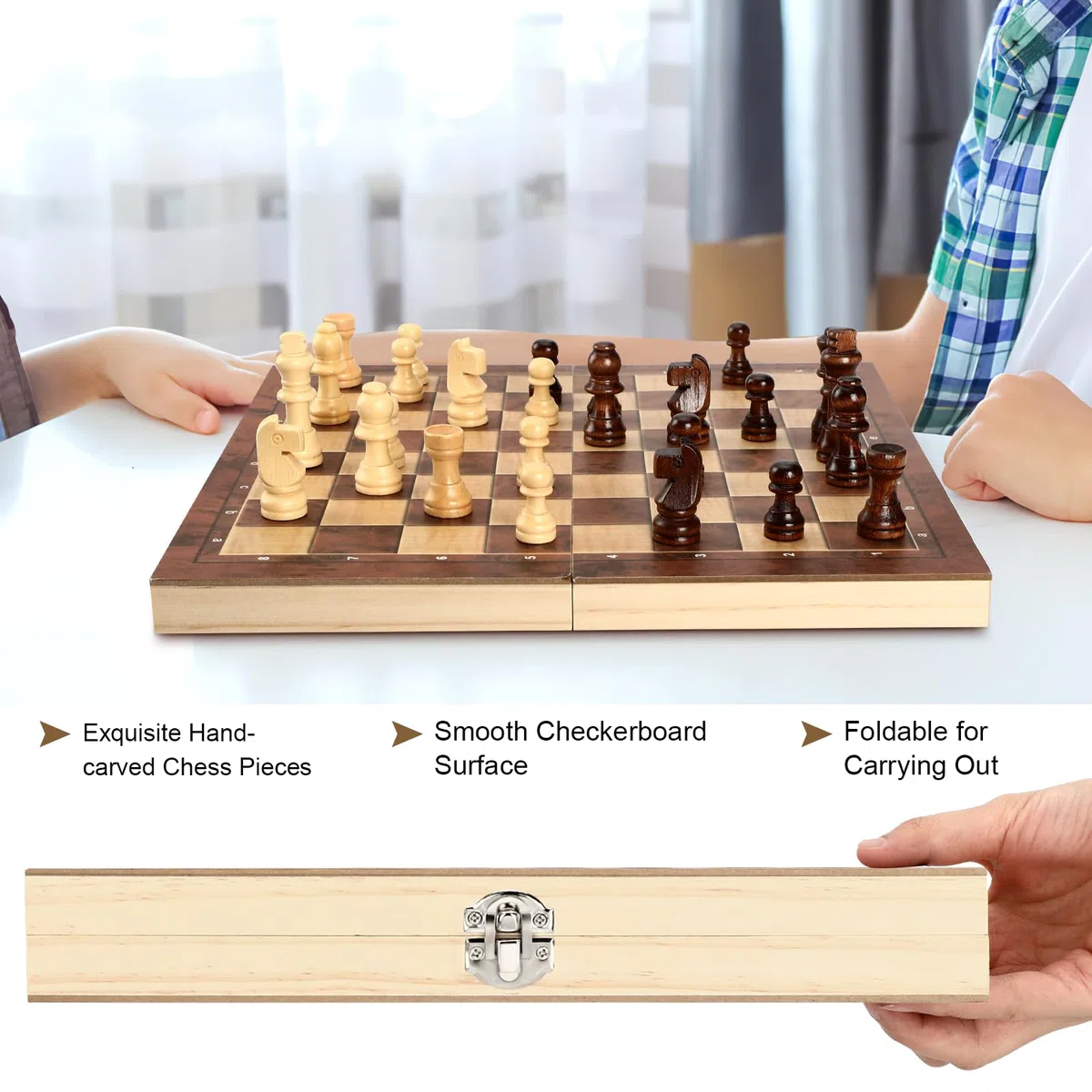 Scacchiera in Legno, 3 in 1 Scacchi Dama Backgammon, Portatili e Pieghevole Scacchiere, Scacchi da Viaggio per Adulti Bambini All'aperto Festa - 29x29cm