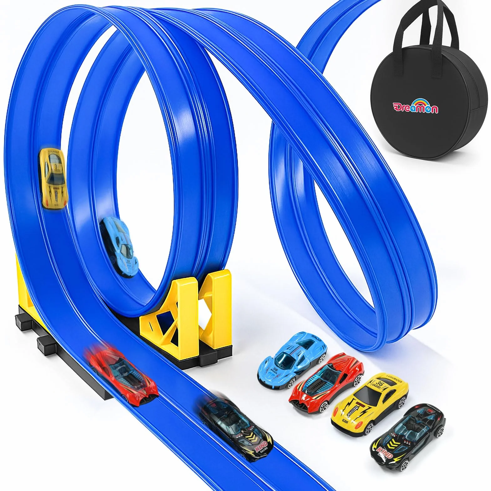Dreamon Piste Macchinine per Bambini 3 4 5 6 7 Anni 5 Metri Pista Flessibile Macchinine con 4 Macchinine 2 Rampe 1 Borsa Portaoggetti 4 Ventose Regalo per Bambino e Bambine