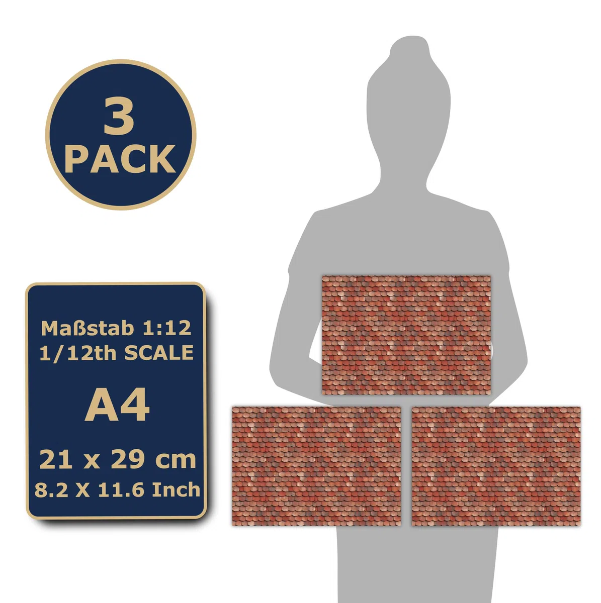 3 fogli di tegole giocattolo autoadesive per la casa delle bambole, scala 1:12 (tegole color argilla)