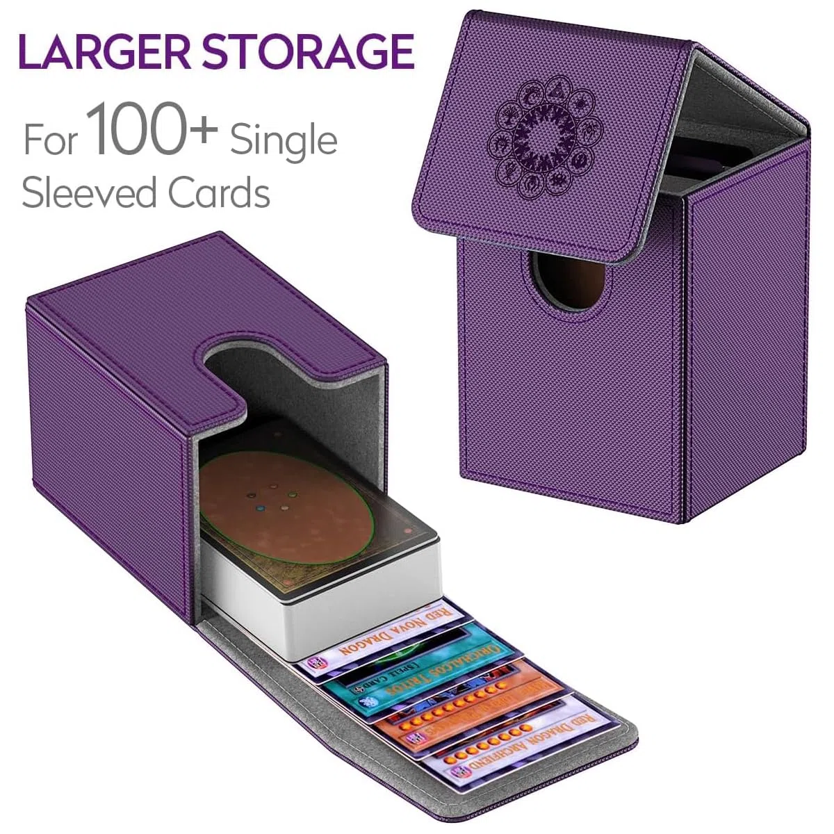 Pulchra Scatola Box Porta Carte Capacità fino a 100+ carte, con 2 Piastra di Partizione, Magnetic Flip Deck Box (Elemental Design, Viola)