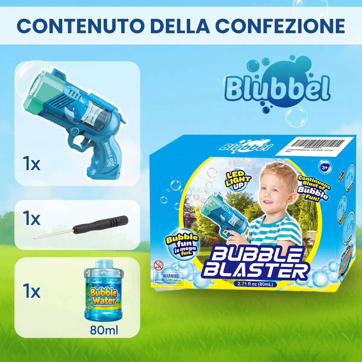 Blubbel Sparabolle di Sapone LED, Pistola Giochi, Macchina Automatica, Bubble Gun, Cannone d’Aria, Giocattolo Matrimonio, Regalo Estivo Bambini, 120ml Liquido Incluso