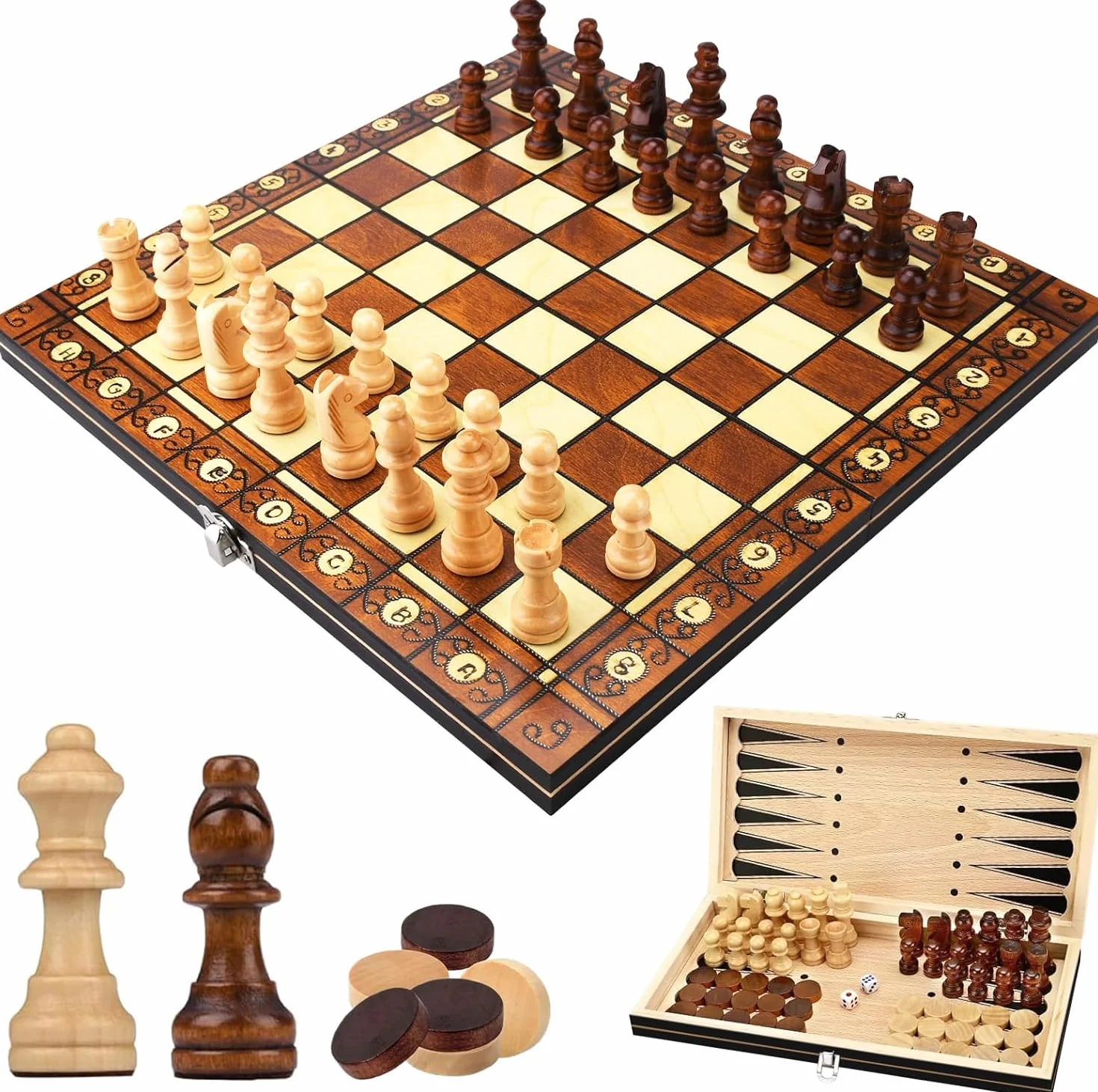 Scacchiera in Legno 3 in 1,Scacchiera Magnetica in Legno,Portatili Scacchi Pieghevole,Backgammon e Dama,per Bambini e Adulti,Ideale per Feste,Viaggio e Attività Familiari (29 * 29 cm)