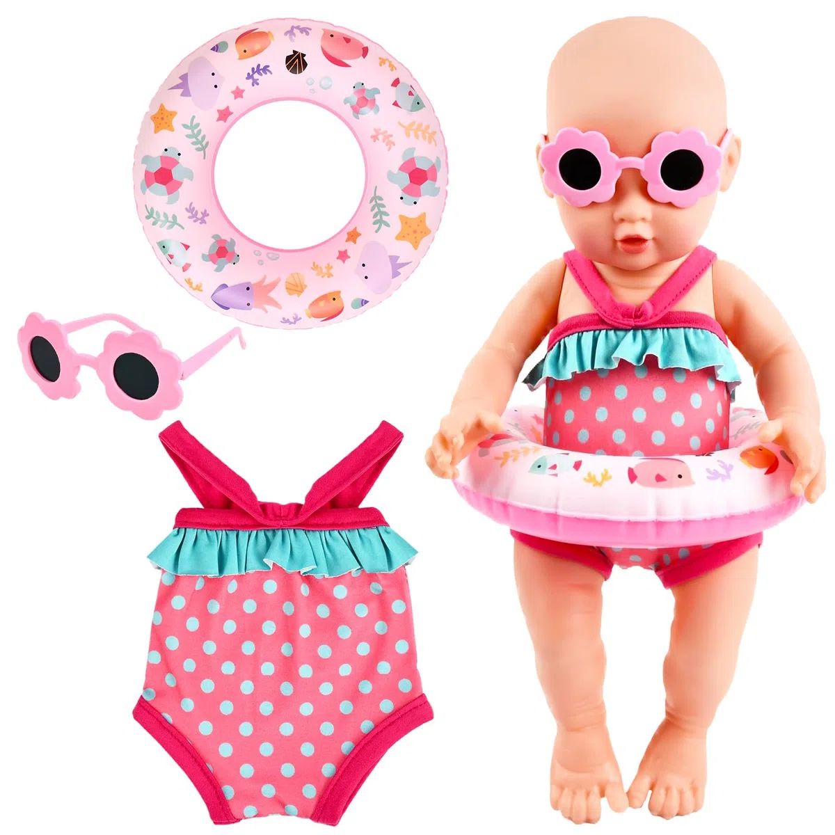 Costume da Bagno per Bambole, Vestiti per Bambole per New Born Baby Doll con Costumi da Bagno, Occhiali da Sole, Anello da Nuoto, Vestiti Bambola Vestiti Bambole Reborn per Bambole 35-45 cm