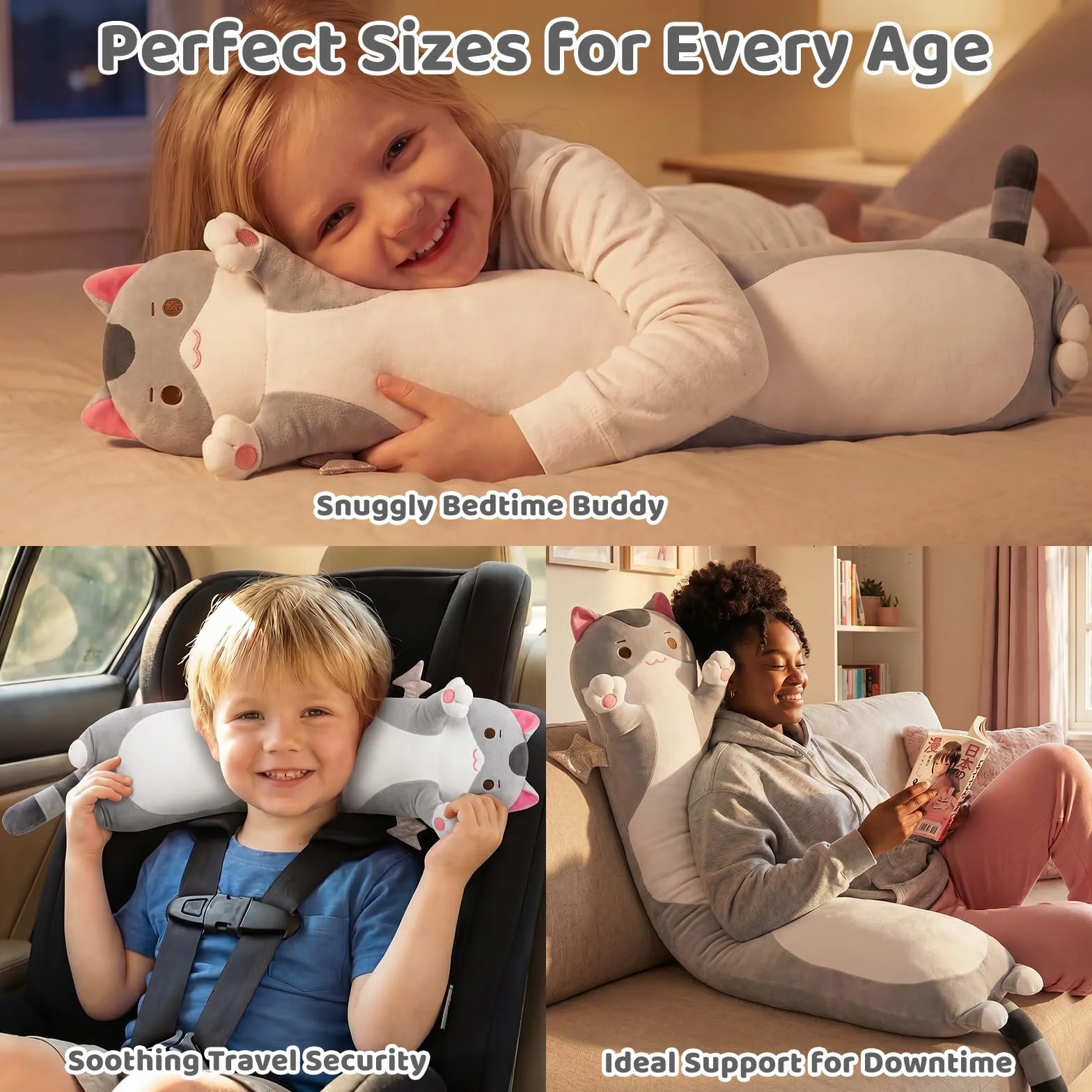 Mewaii Carino Gatto in Peluche Cuscino lungo Cuscino Animale Bambola Giocattoli Kawaii Soffici Comfort Cuscino in Peluche per Regalo per Bambini dai 3 anni in su, 50 cm, Gatto Grigio)