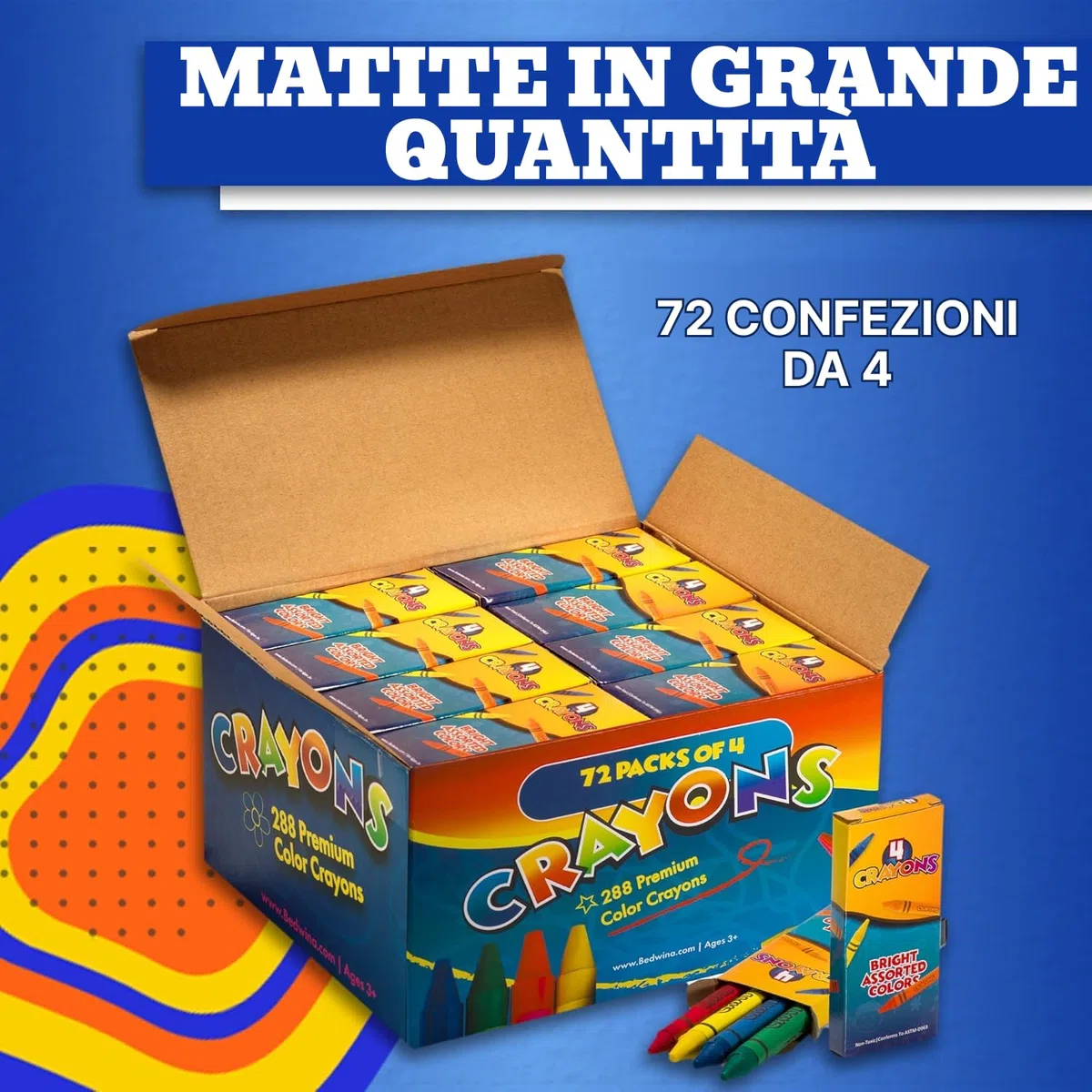 Bedwina Pastelli Bulk – 288 pastelli (72 confezioni da 4), colori premium atossici per bambini, bomboniere, ristoranti, premi, sacchetti regalo e calze di Natale
