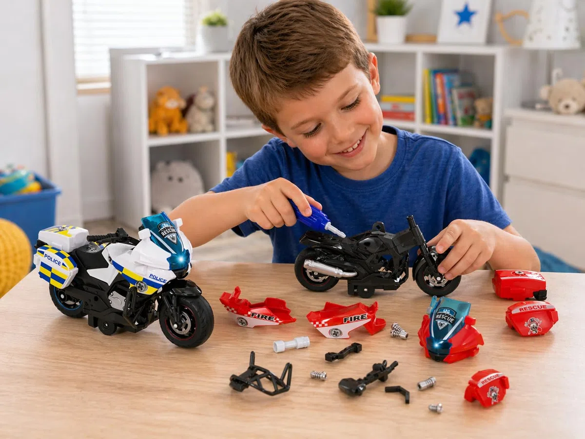 Teorema PLAY CITY Moto Smonta Rimonta per Bambini, Polizia e Vigili del Fuoco, con Luci e Suoni, Movimento a Frizione, Scala 1:20, Con Cacciavite per Bambini, Livrea Assortita