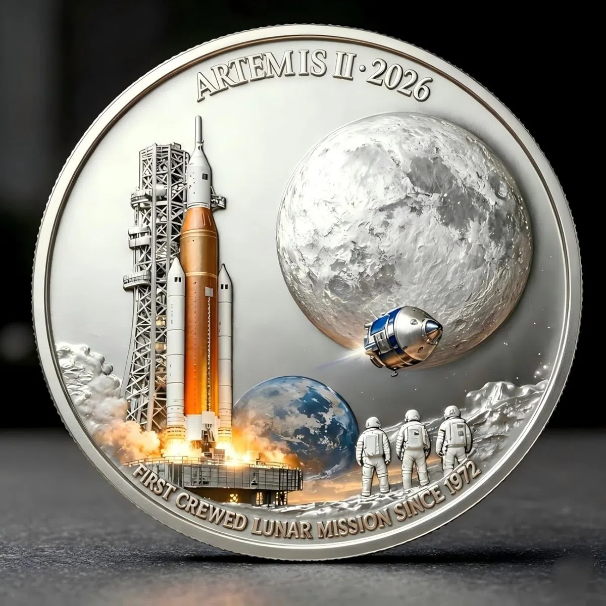 Moneta commemorativa della missione lunare Artemis II, moneta commemorativa della generazione Artemis, monete da collezione 3D ad alto rilievo dedicate all'esplorazione spaziale (01#)