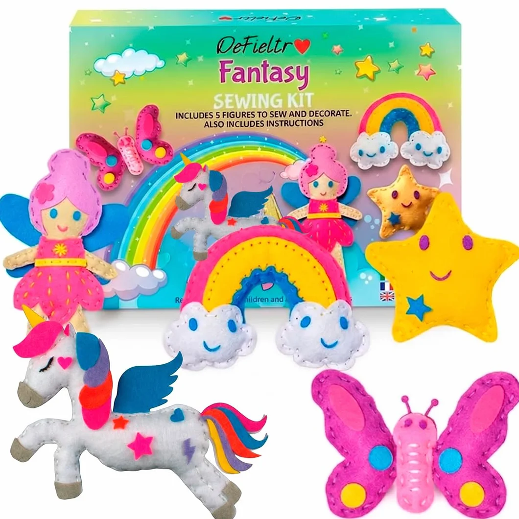 DeFieltro Fantasia – Kit Cucito Bambina con Unicorno e Fata (5 Figure) – Set Cucito Bambini Creativo – Imparare il Cucito per Bambini