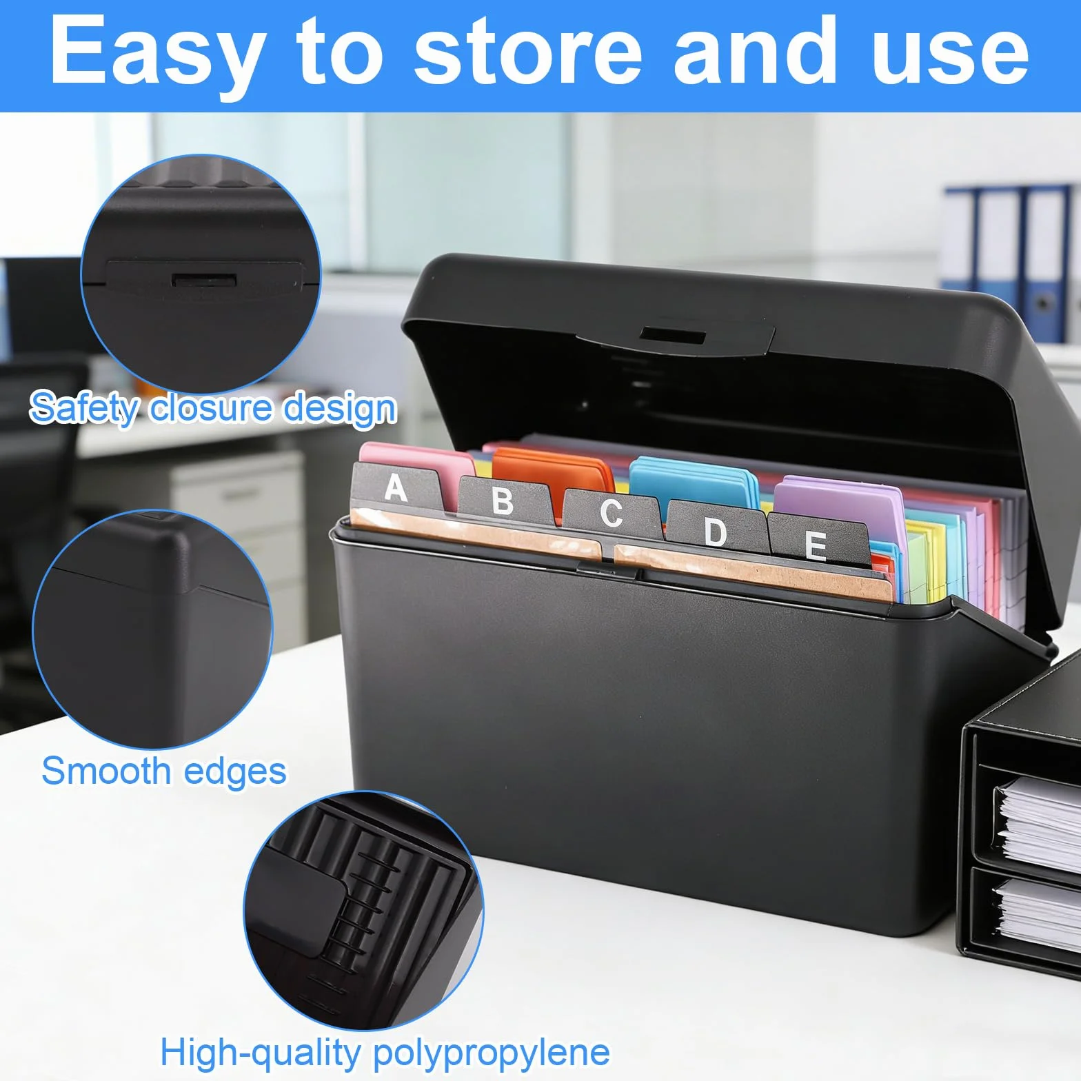 Scatola per Flashcards Nera con 400 Cartoncini Colorati A6, Schede Forate a Righe, 6 Anelli Metallici e Schede Indice A-E, Ideale per Appunti per Ufficio, Scuola, Casa Studio Appunti
