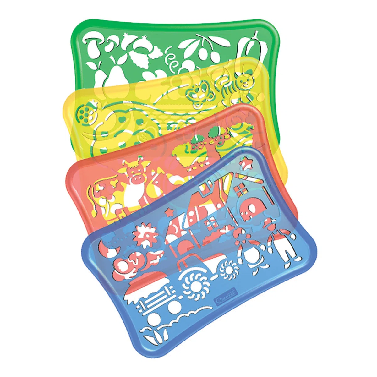 Quercetti Stencils Design Farm, Giochi Bambini 3 Anni Fino agli 8 Anni con 4 Sagome, 12 Pennarelli e Album da Colorare per Bambini, Giochi Creativi ed Educativi, Gioco Bambino 3 Anni, Made in Italy