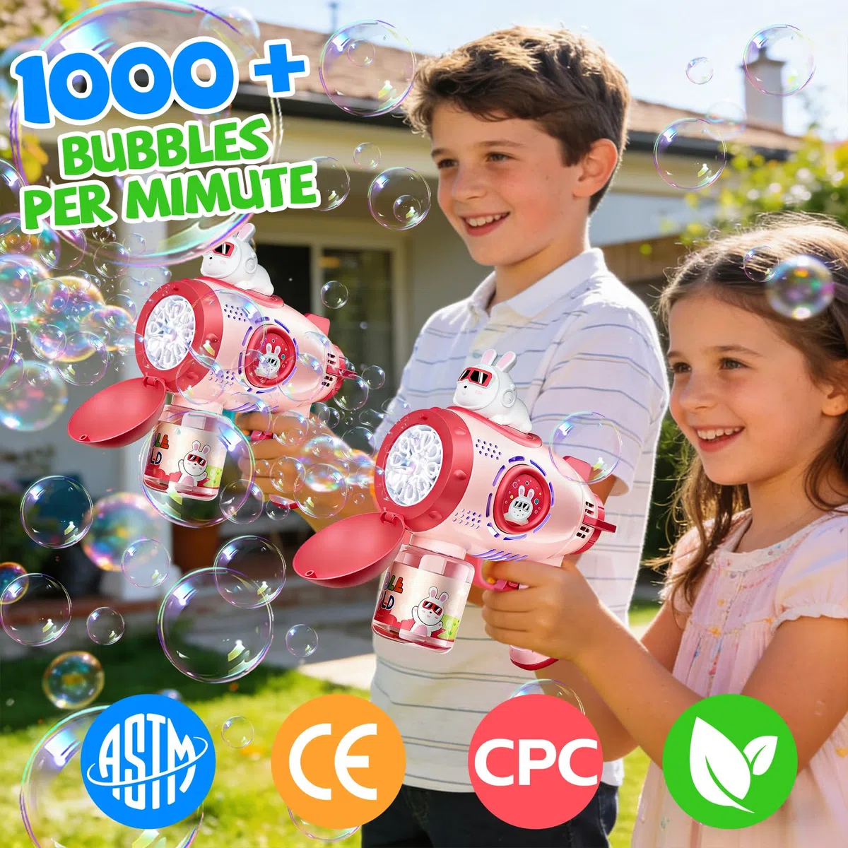 Pistola Bolle di Sapone, Macchina per Bolle Automatica per Bambini, 10000+ Bolle al Minuto, Giocattolo Pistola per Bolle Ricaricabile per Matrimonio, Compleanno, Festa, Pasqua (Rose)