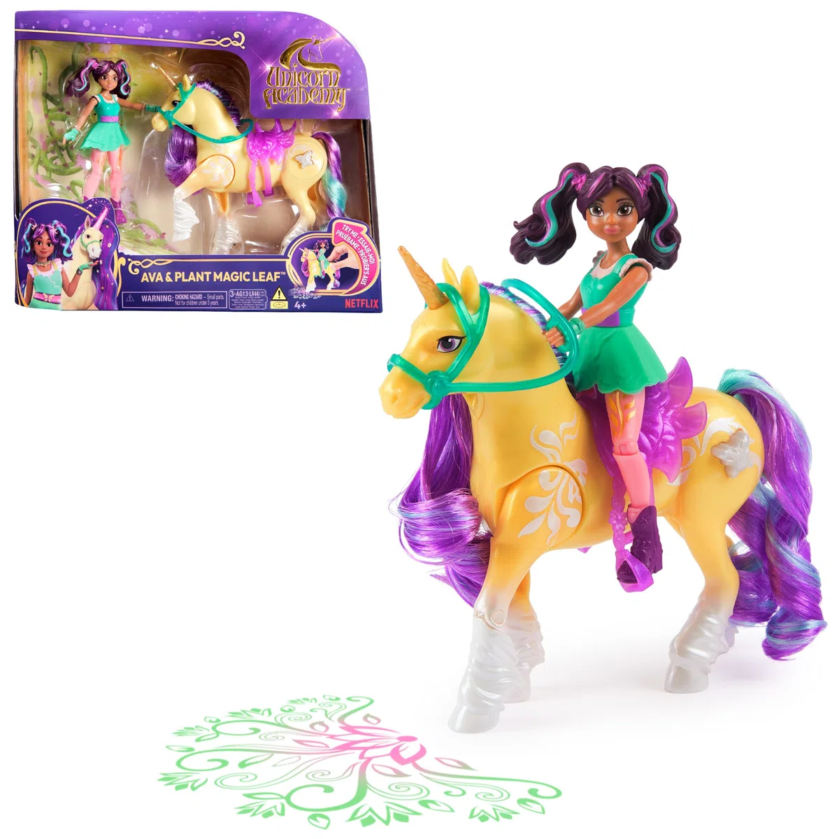 Unicorn Academy Set – AVA e pianta Magica Foglia con Vera criniera e Coda e Funzione Luminosa Magica, Circa 12 cm Personaggi Originali della Popolare Serie Netflix, per Bambini dai 4 Anni in su