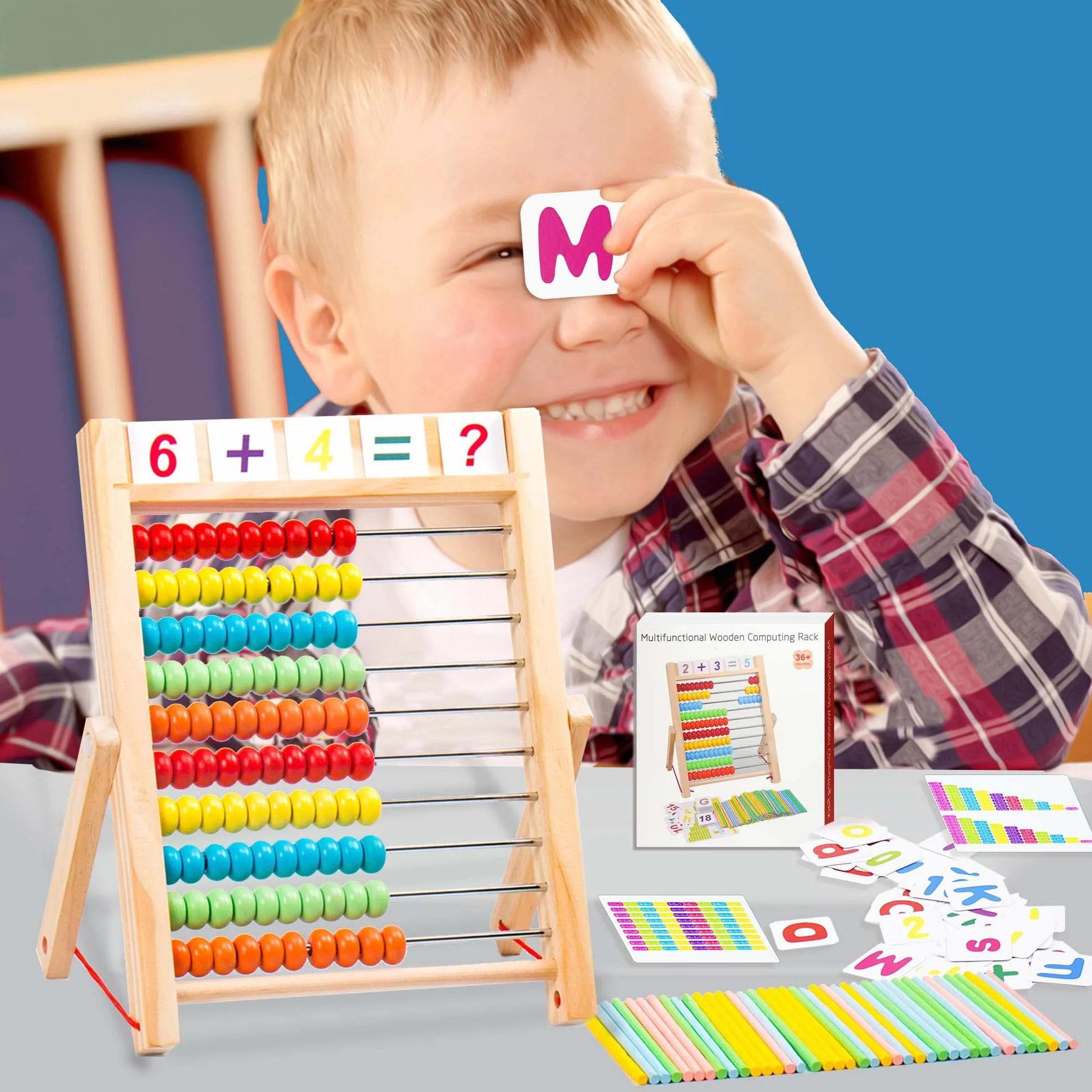 Abaco di Legno per Bambini, Giochi Montessori Abaco con 100 Bastoncini di conteggio e Carte con Lettere numeriche Giocattoli Educativi Giochi Abaco Regali per Ragazzi e Ragazze Oltre i 3 Anni