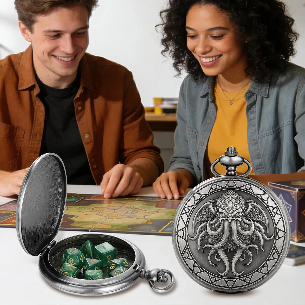 Polpo con ali, grande cassa per orologio da taschino, set di 7 dadi poliedrici in acrilico poliedrico, sacchetto regalo DND con logo del drago, accessori per giochi di ruolo, argento scuro + verde