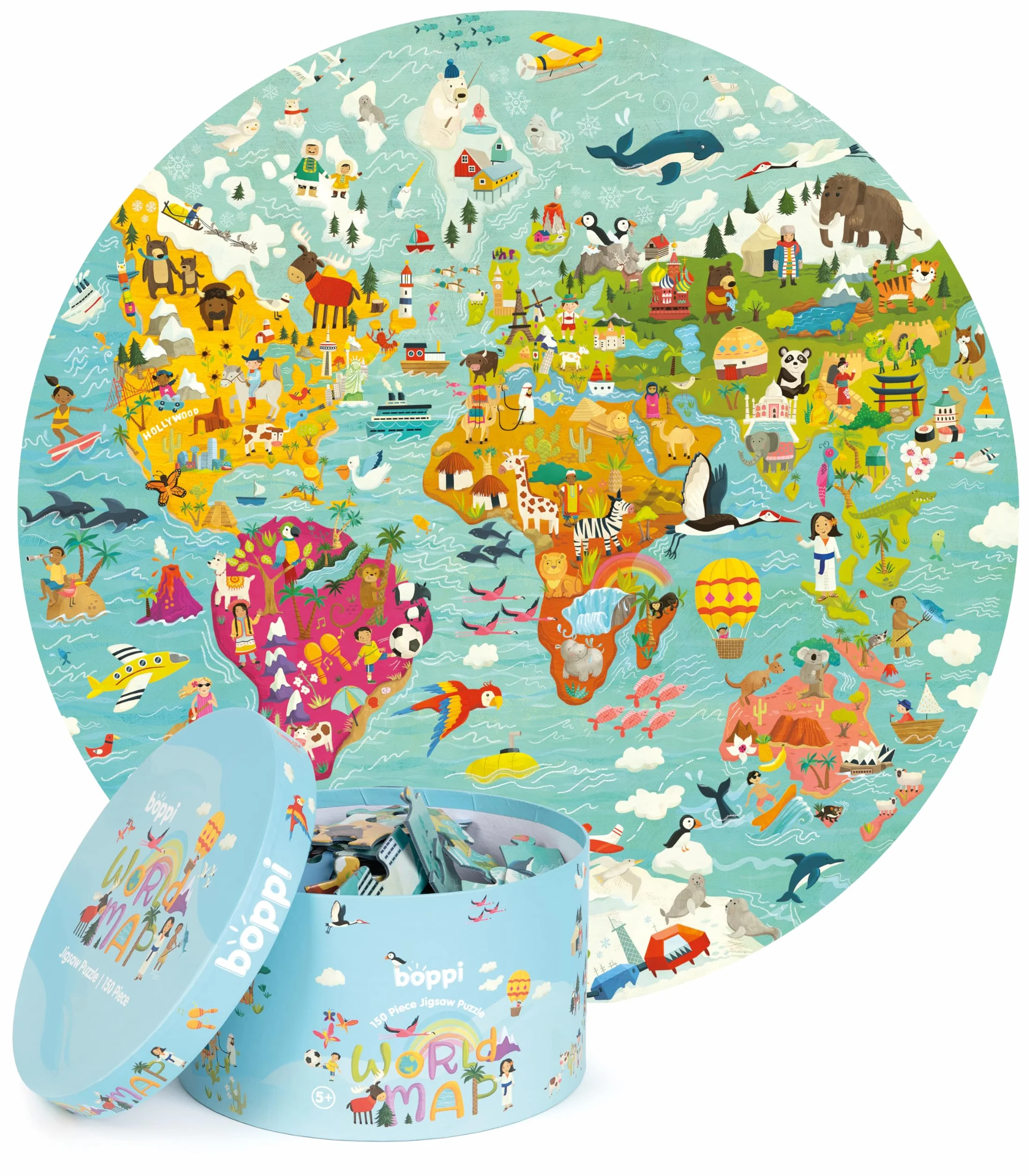 Boppi Mondo Puzzle Con Animali - 150 Pezzi Per Bambini da 5 a 8 Anni - Giochi Da Tavolo Con Porta Puzzle Rotondo - Diametro 58cm Ecofriendly