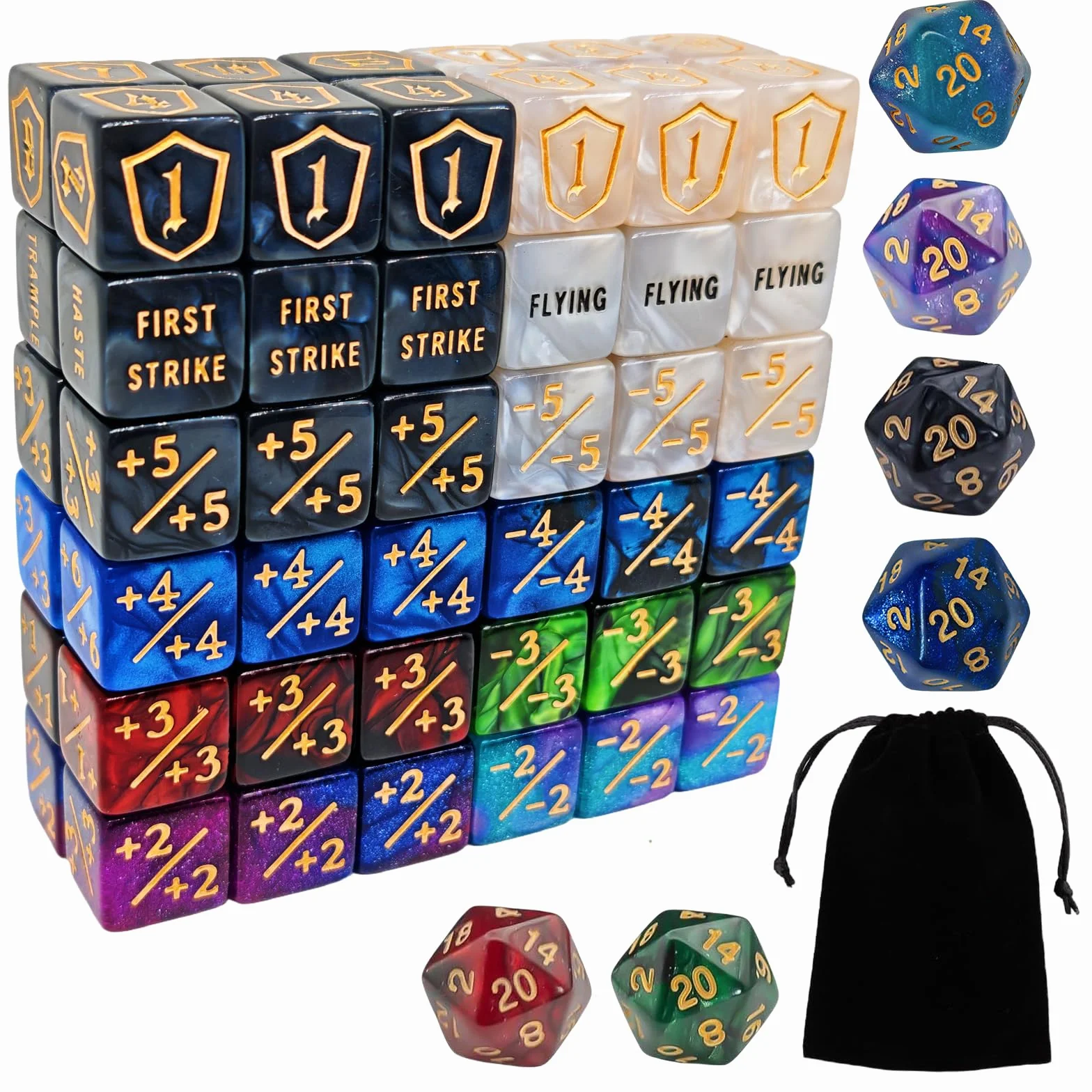 78 PCS MTG Contatori di Dadi - Contatore di Parole Abilità, -1/+1 Life Counter, Shield Life Counter Dice, Marble Colour D6 Dice Dice, per MTG, TCG, Giochi di Carte (sacchetto nero incluso)