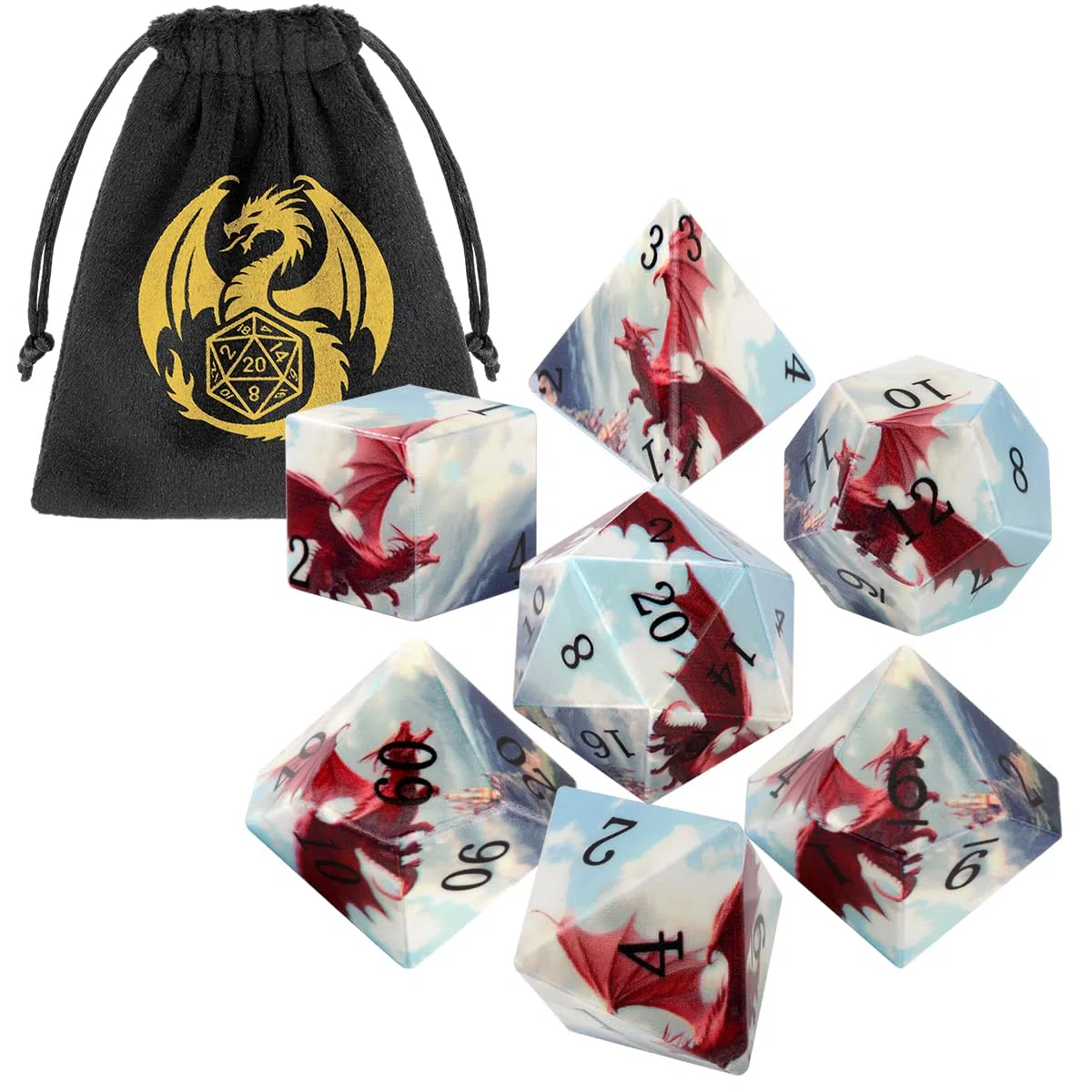 Set di dadi DND poliedrici da 7 pezzi, dadi acrilici premium con motivi di drago rosso, per giochi con carta e penna come DND, esplorazioni di sotterranei e serate di gruppo, per giocatori e DM