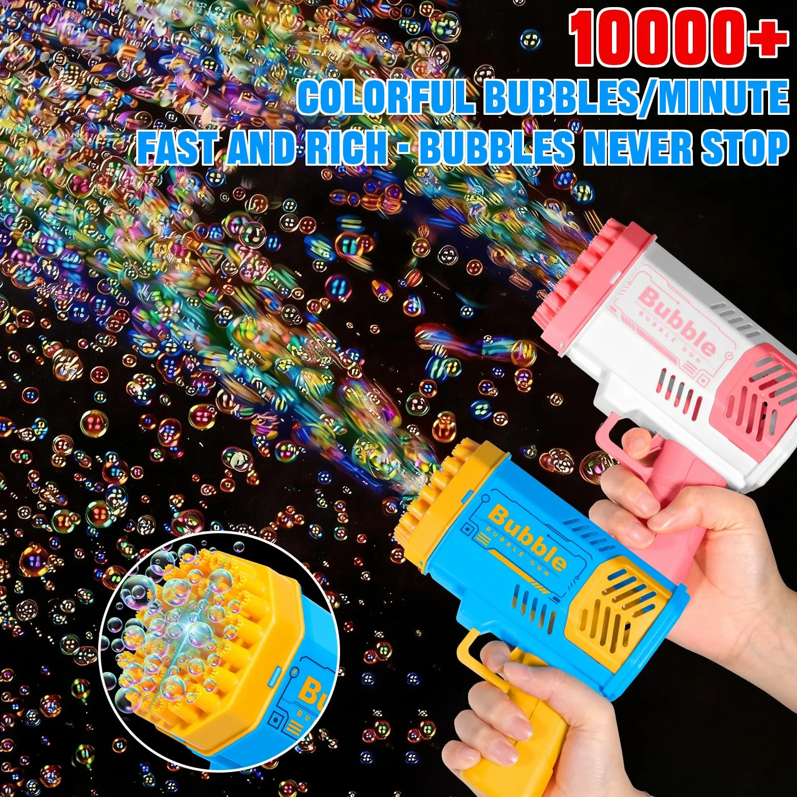 Pistola a Bolle per Bambini, Macchina per Bolle Elettrica Automatica per Bambini con 2 Pezzi Soluzione Bolla, 10000 + Bolle/Min, Luce LED, Estate per Festa, Spiaggia, Compleanno, Matrimoni