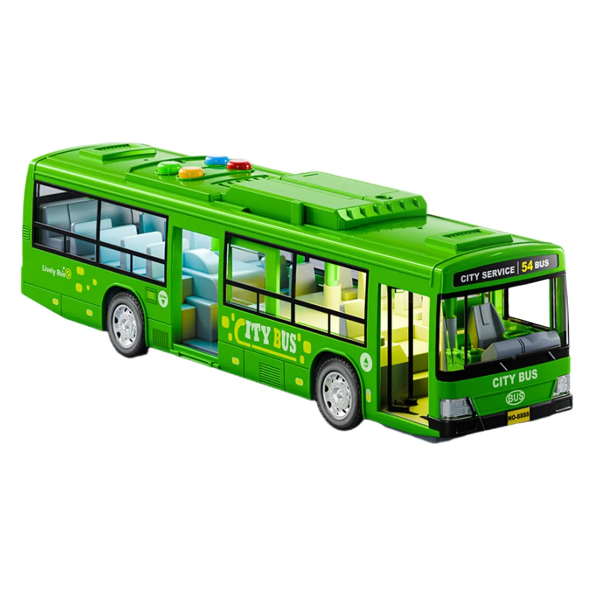 Autobus urbano elettrico, veicolo giocattolo di grandi dimensioni, modello a batteria da 12 pollici con musicali, materiale acrilico robusto, accessorio per bambini con design di porte apribili,