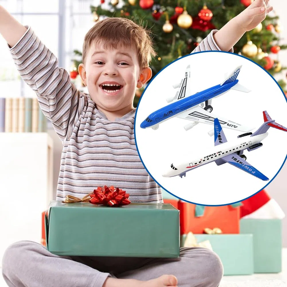Bianco e Blu Aereo Giocattolo, 2 Pezzi Modellino Aereo, Giocattoli Educativi con Funzione di Ritiro, Miniatura Deco Aeroplano Giocattolo Natale Compleanno Regalo