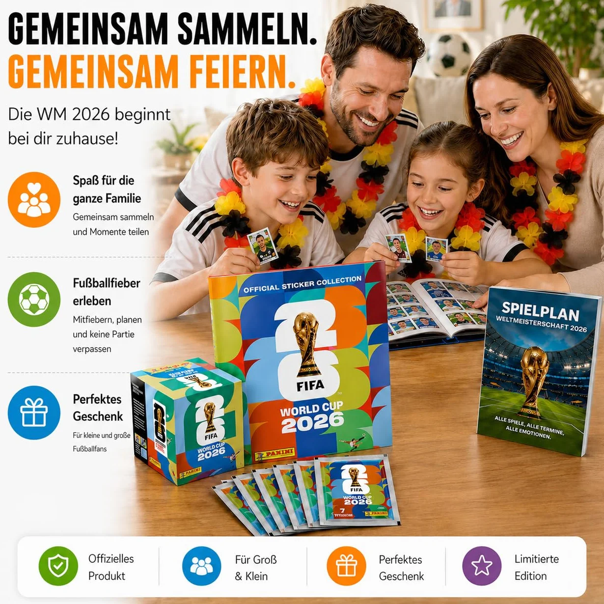 Set Panini Coppa del Mondo 2026 Figurine & Album – Calcio con Collana di Fiori, Album Panini & Calendario Partite (1 Bustina / 13 Figurine)