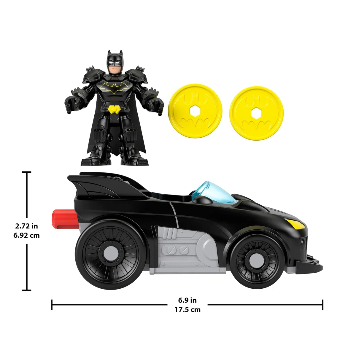 Fisher-Price Imaginext DC Super Friends - Metal Force Batmobile, veicolo attivabile con luci e suoni, personaggio Batman, lanciatore e 2 dischi inclusi, giocattolo per bambini, 3+ anni, JFJ68