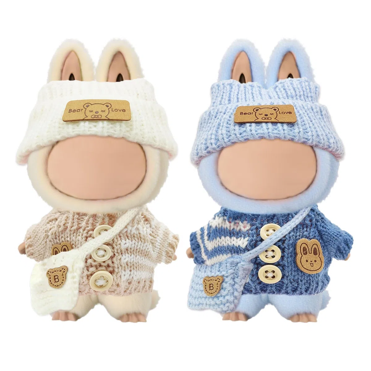 6 Pezzi Vestiti per Bambole di Peluche da 17 cm, Abiti per Bambole Lavorato a Maglia, Compresi Cappelli Vestiti e Zaini, DIY Peluche Abbigliamento, Accessori per Bambole (Blu, Bianco)