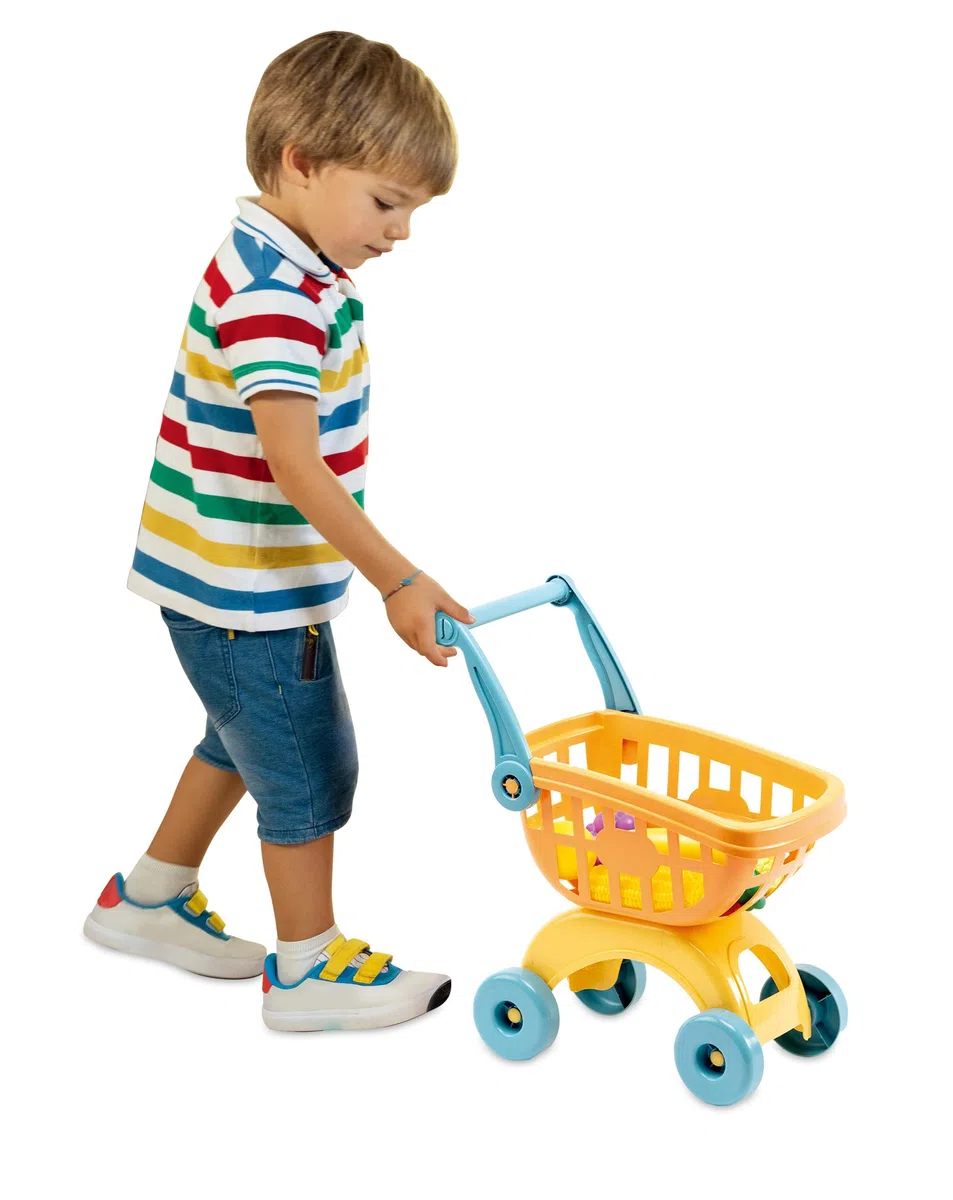ODS - Maisonelle Bio, Carrellino della Spesa Giocattolo per Bambini, con Frutta, Verdure e Scatoline, Sostenibile in Bioplastica, 31,5x19x16 cm, Età Consigliata +2 Anni