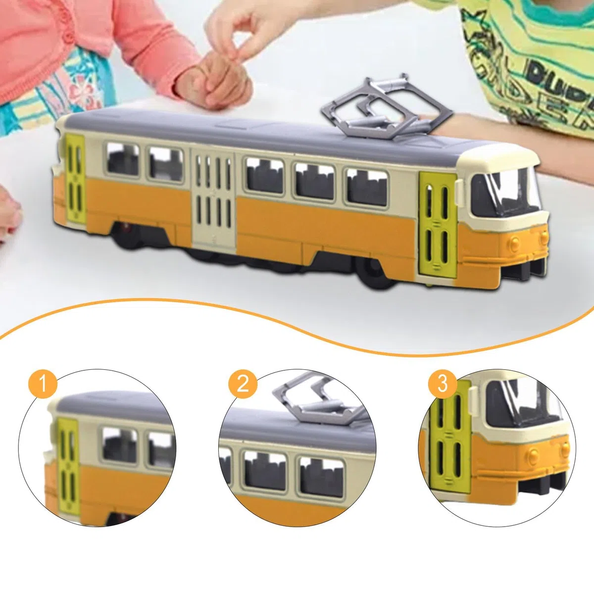 Tram Model Ornament 1/90 Decoro Realistico interattivo con Modello di Auto da Trasporto con appassionato di Auto Leggera e Musicale, Giallo