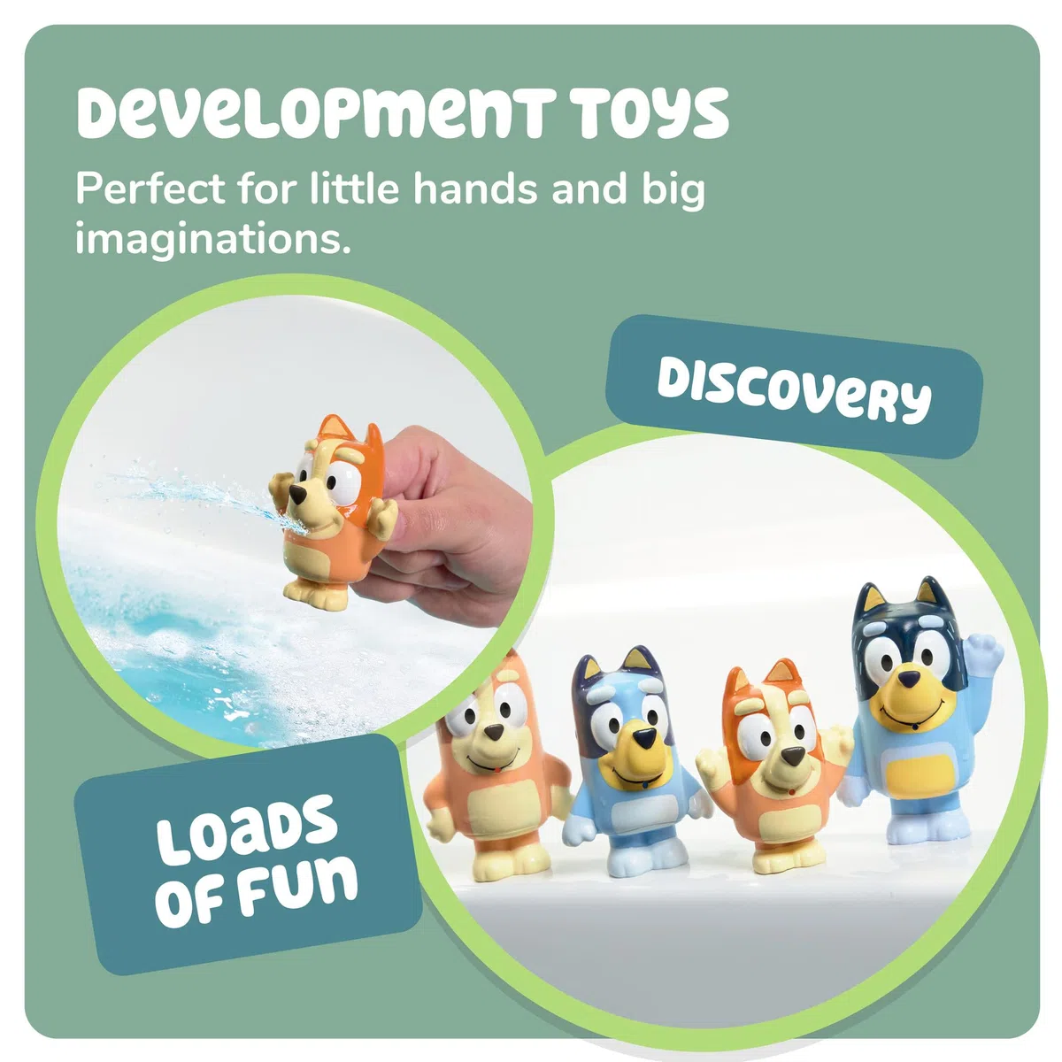 Toomies Bluey Squirter - Set di 4 giocattoli da bagno con bluey, bingo, mamma e papà, divertimento per bambini piccoli, progettato per mani piccole, promuove capacità motorie, giochi creativi, a