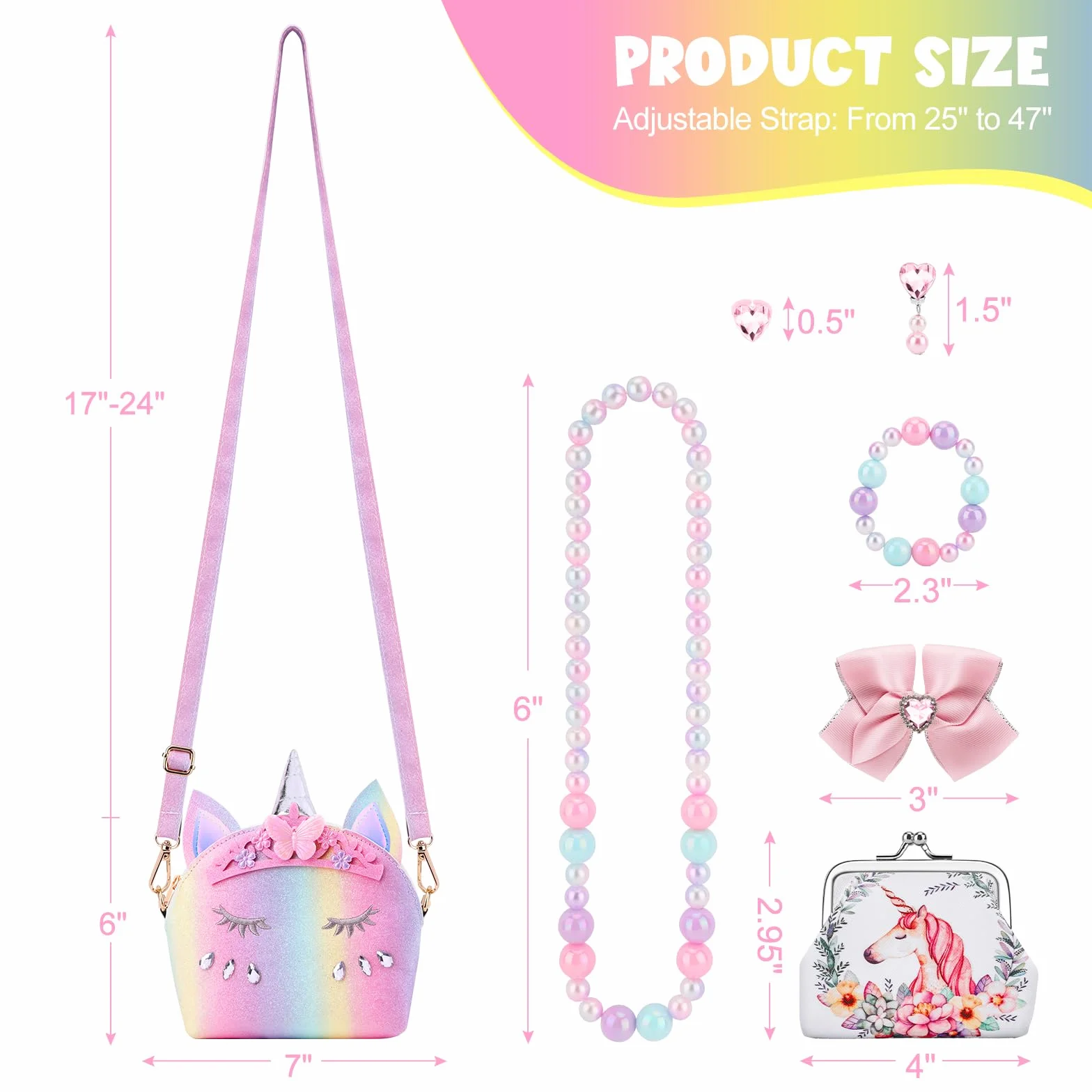 JYPS Unicorn Purse per Bambine, 7pcs Cute Kids Borsa Crossbody con Bambini Dress Up Jewelry Set Fingere Giocare Accessori, Regali di Compleanno Unicorno Regali Giocattolo per Ragazza