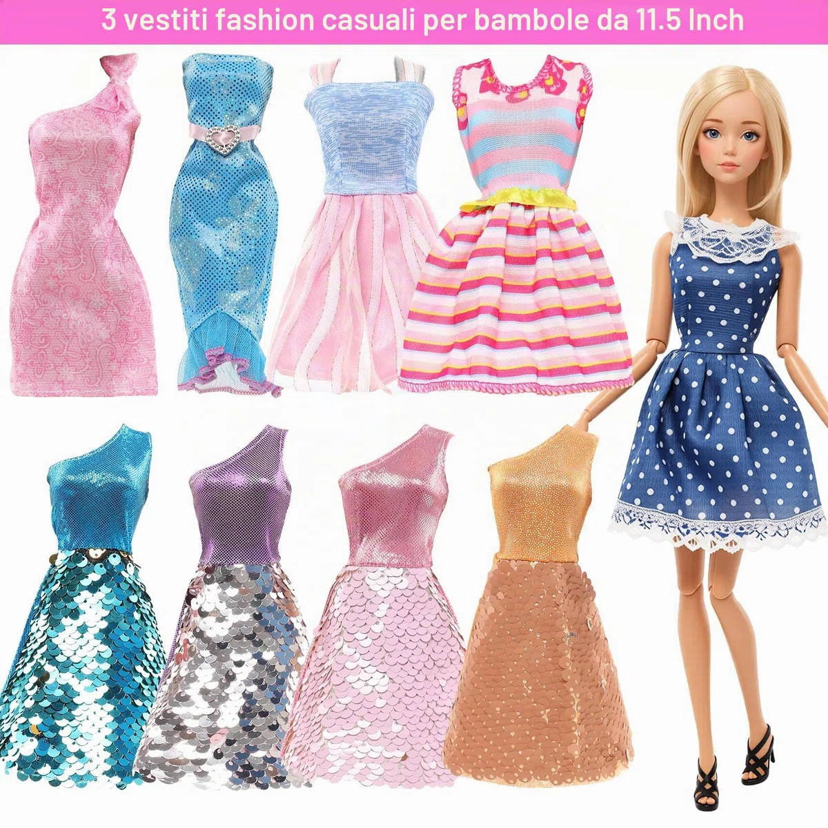 Miunana 47 Accessori per 11.5 Pollici 30 CM Bambola: 3 Vestiti Casuali + 2 Abiti + 2 Costumi da Bagno + 3 Vestiti da Sposa + 10 Moda Vestiti + 6 Corone + 6 Collane + 15 PCS Scarpe