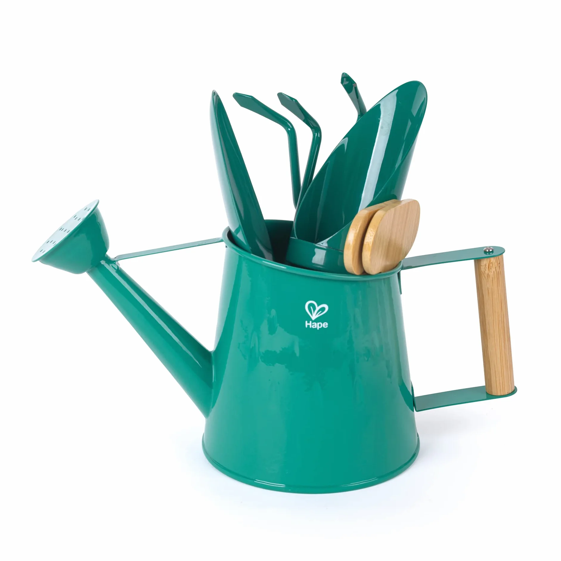 Hape Nature Fun - Set da Giardinaggio: annaffiatoio, spatola, rastrello e minivanga in Ferro e bambù per Piccoli giardinieri dai 4 Anni in su