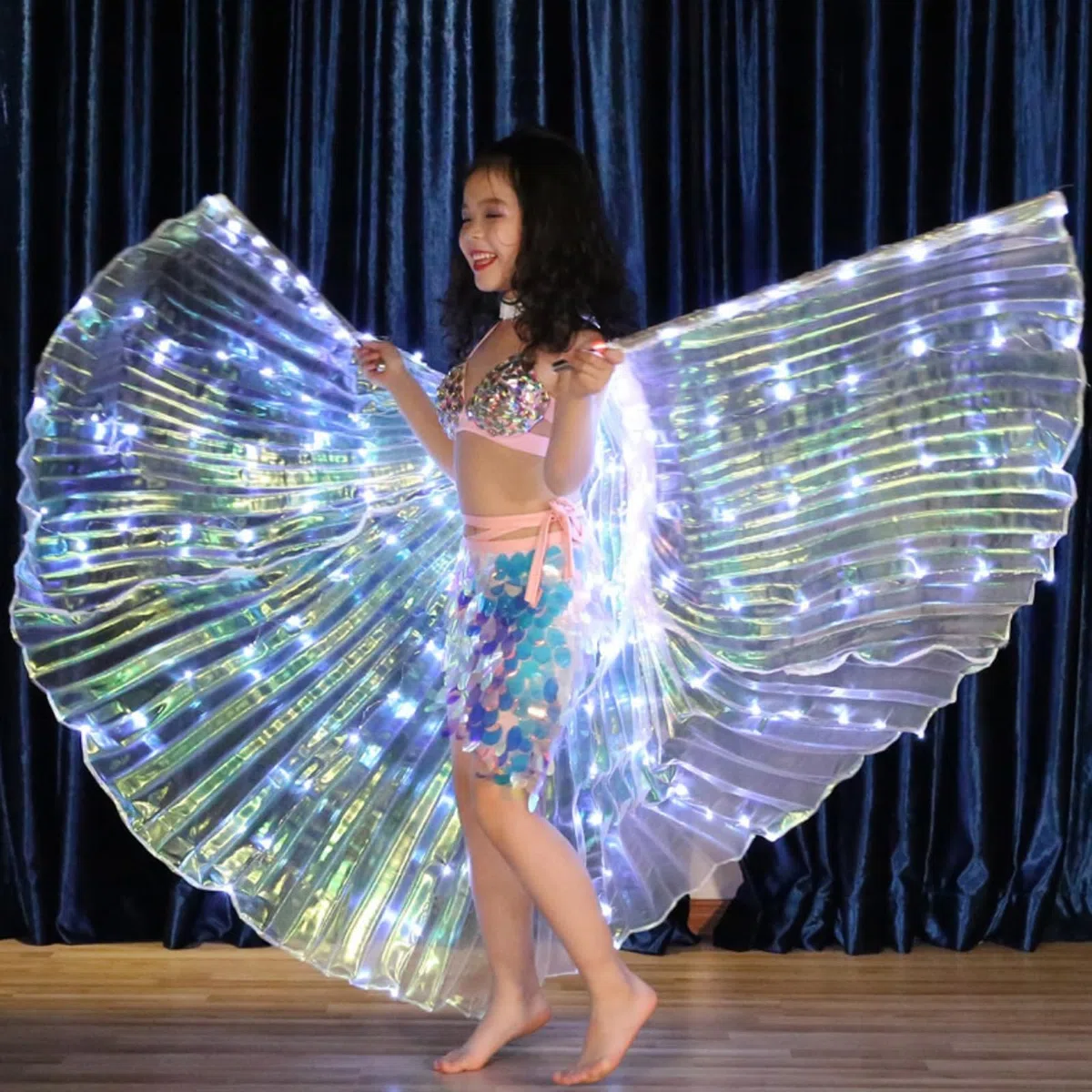 Ala di danza del ventre, ali luminose per bambini, chiusura in con aste telescopiche, 2 modalità di controllo della luce LED, ali di farfalla, per Carnevale, palcoscenico, Natale, feste di