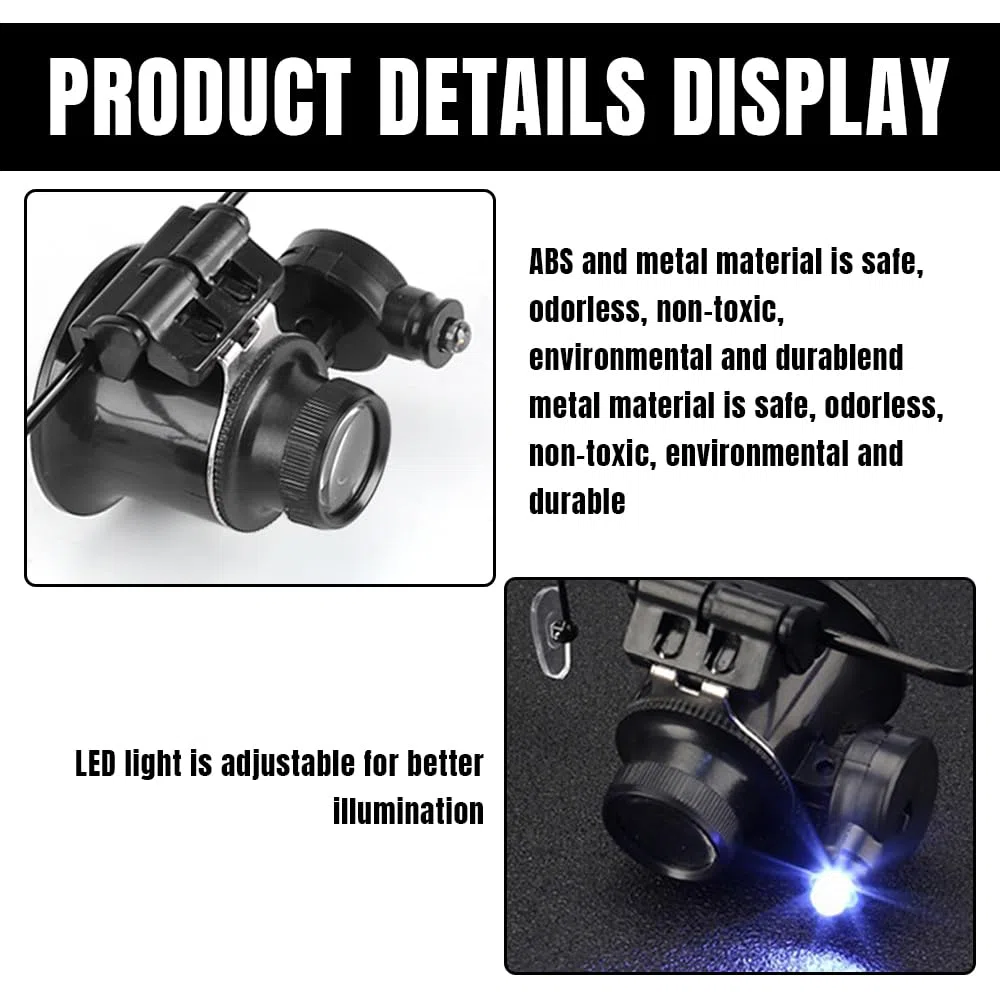 BORDSTRACT Lente d'ingrandimento da testa illuminata, Occhiali professionali per riparazione orologi, Lente d'ingrandimento da 2,5X a 25X Strumento per gioiellieri per gioiellier