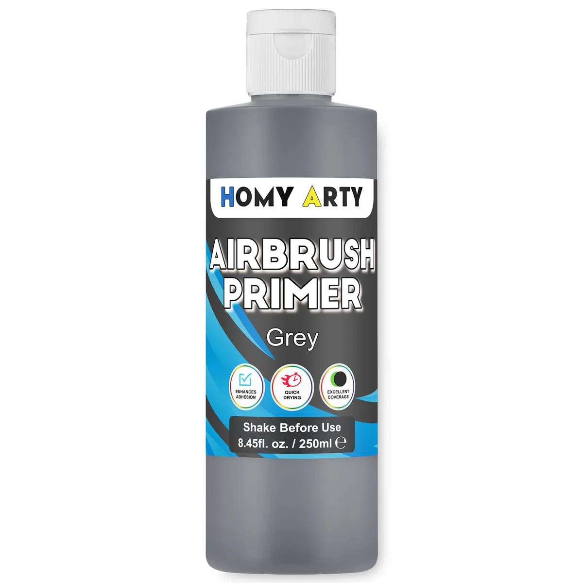 HOMY ARTY Primer per Aerografo - Primer Acrilico Grigio per Aerografo, 250 ml Asciugatura Rapida Finitura Opaca, Vernice Primer con Eccellente Adesione per Modellini in Plastica, Metallo e Tela