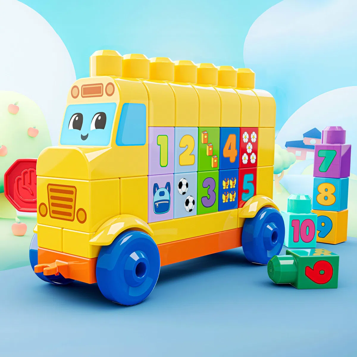 MEGA Bloks - Scuolabus Costruisci e Impara, Set con 45 Blocchi da Costruzione per Imparare i Numeri e a contare, scuolabus Giallo e Decorazioni Inclusi, 1+ Anni, JKG34