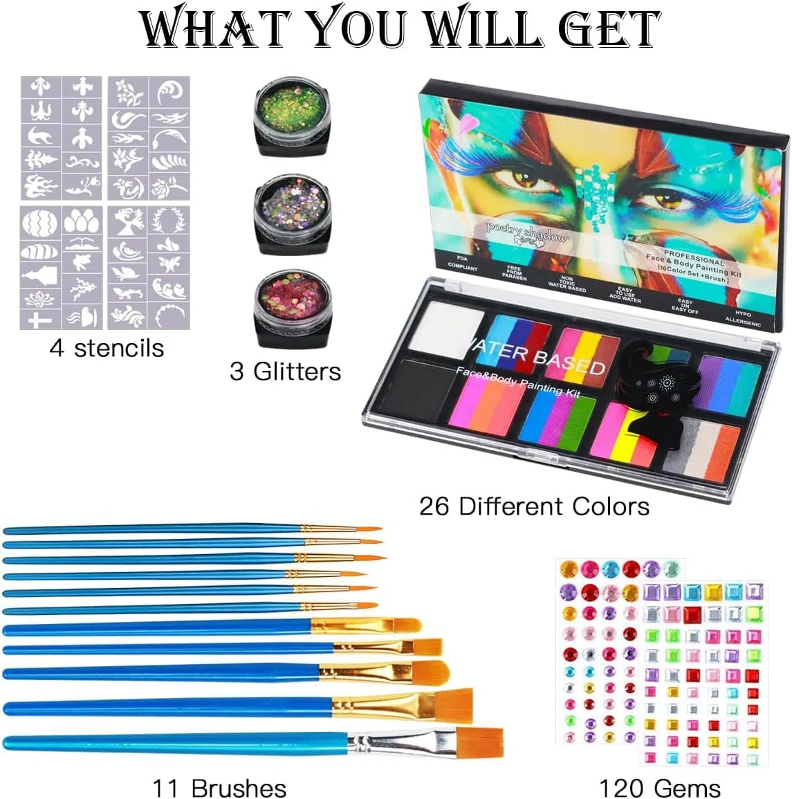 Truccabimbi Trucco per Bambini, Truccabimbi Kit Anallergici Atossici 26 Colori per Body Painting, Trucca Bimbi Viso con 40 Stencil Tatuaggio, Adatto per Halloween, Carnevale, Natale