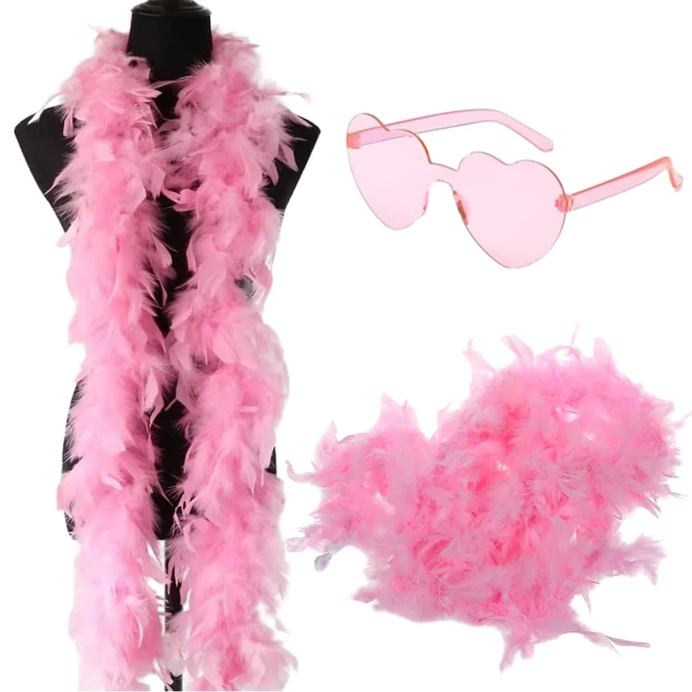 Tacchino Boa di Piume, Sciarpa di Piume da Donna Accessorio per Costumi con Occhiali da Sole Senza Cornice a Forma di Cuore per Cosplay, Carnevale, Festa a Tema(200CM, Rosa)