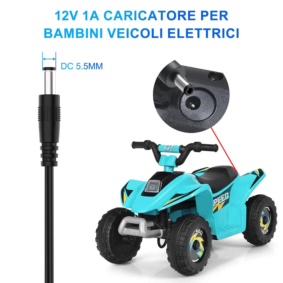 shefor Caricabatterie 12V 1A Compatibile con Auto Elettriche per Bambini, Alimentatore 12V 1000mA per Veicoli Giocattolo Elettrici Quad Trattore Moto SUV ATV Macchina Giocattolo per Bambini